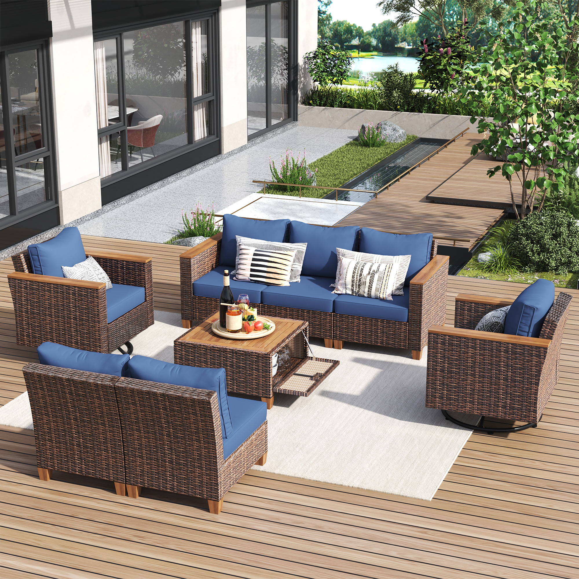 K&K 8-Piece Wicker Outdoor Patio Furniture Set with Thick Cushion, Rattan Patio Swivel Rocking Chairs Set of 2 with Acacia Storage Table , Wicker Conversation Set for Outdoor Couch, Backyard, Blue