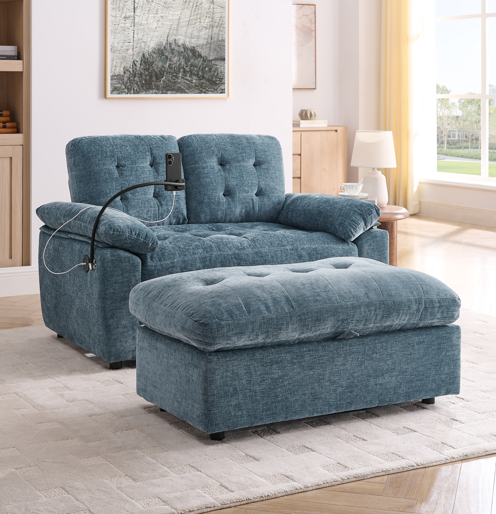 Leisure sofa chair,Double sofa recliner, with manually adjustable backrest, soft padded armrests, side USB charging port and phone stand, comes with a matching storage ottoman-Blue