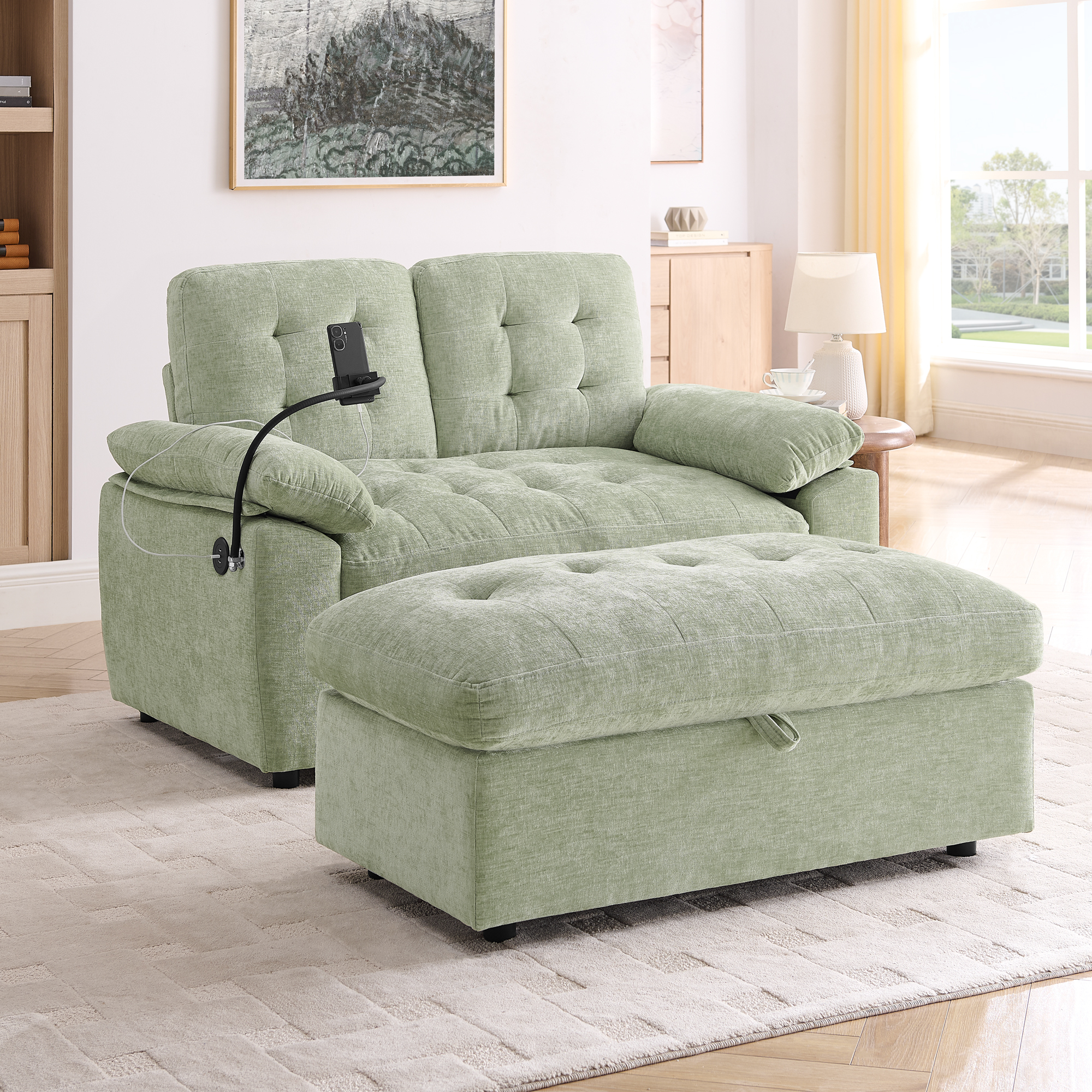 Leisure sofa chair,Double sofa recliner, with manually adjustable backrest, soft padded armrests, side USB charging port and phone stand, comes with a matching storage ottoman-Cyan