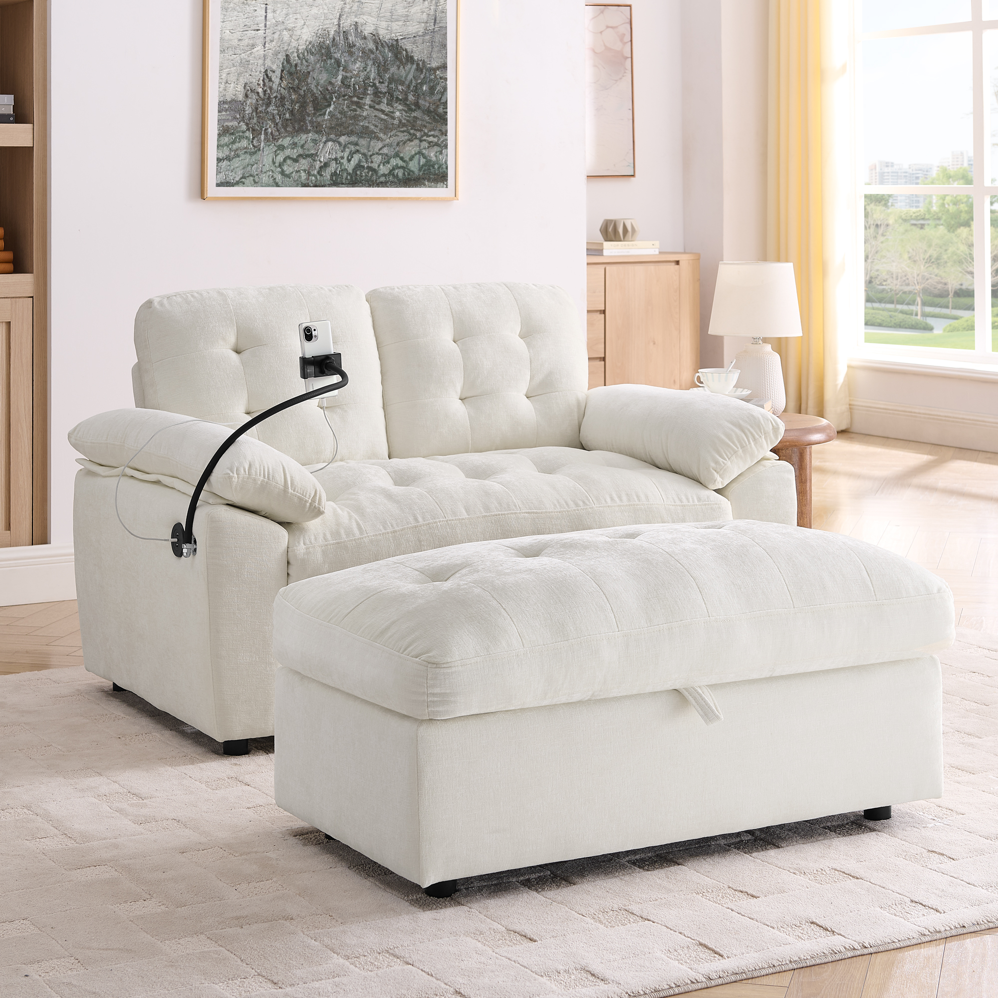 Leisure sofa chair,Double sofa recliner, with manually adjustable backrest, soft padded armrests, side USB charging port and phone stand, comes with a matching storage ottoman-Beige