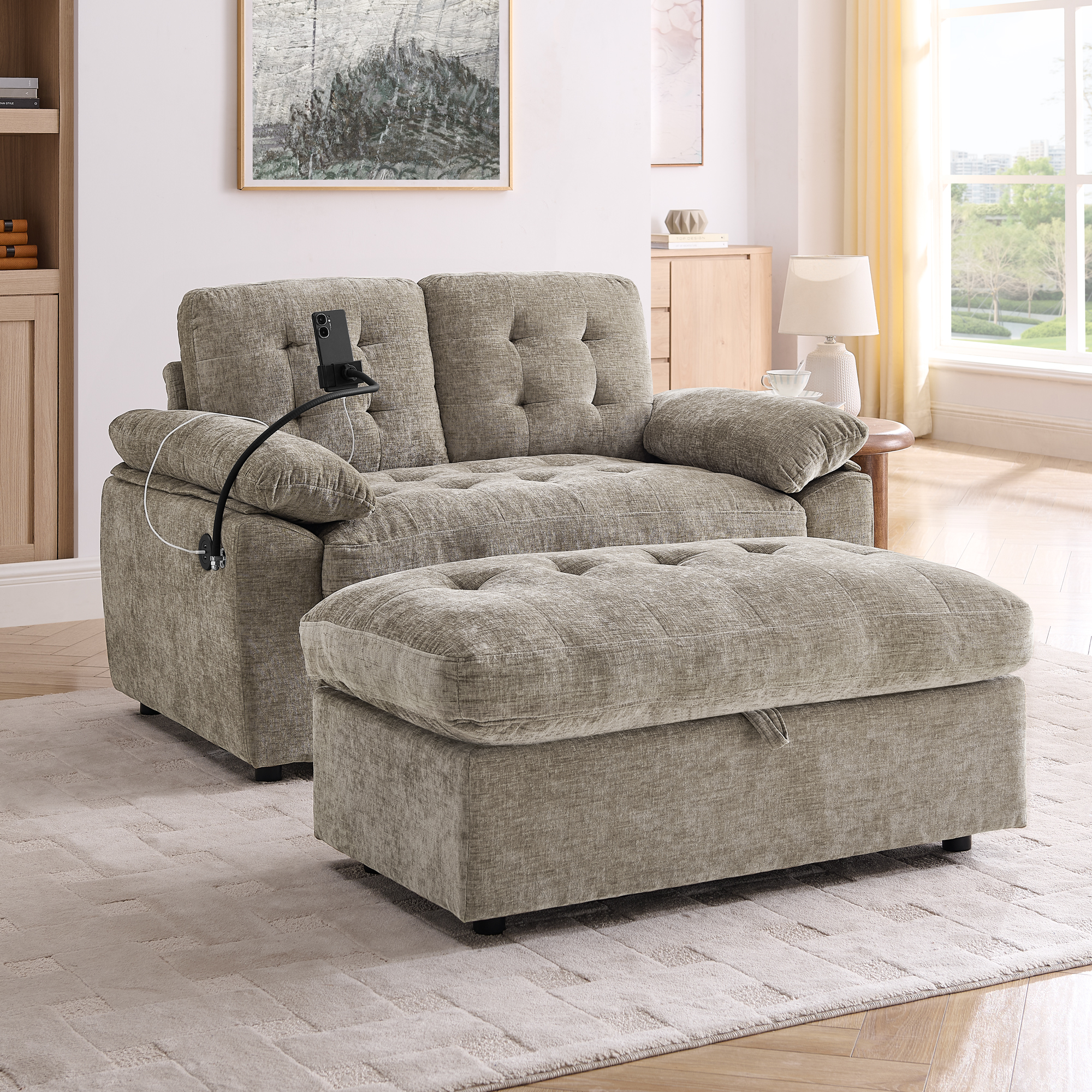 Leisure sofa chair,Double sofa recliner, with manually adjustable backrest, soft padded armrests, side USB charging port and phone stand, comes with a matching storage ottoman-Brown