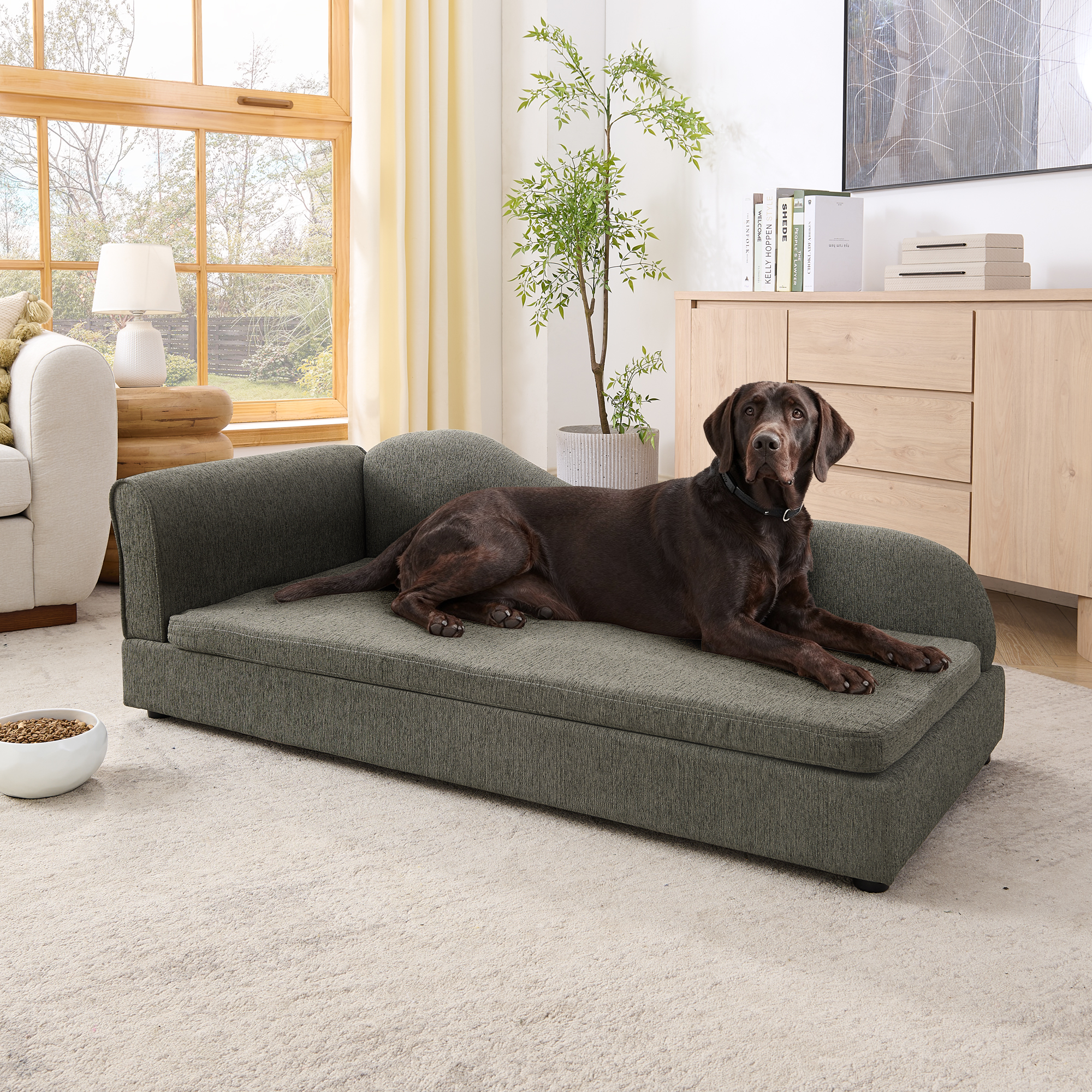 Oversized Pet Sofa for Medium/Large Dogs – Modern Irregular Wave Backrest, Single Armrest, Premium Breathable Linen Fabric, Soft Cushion & Low Plastic Feet-DARK GREY