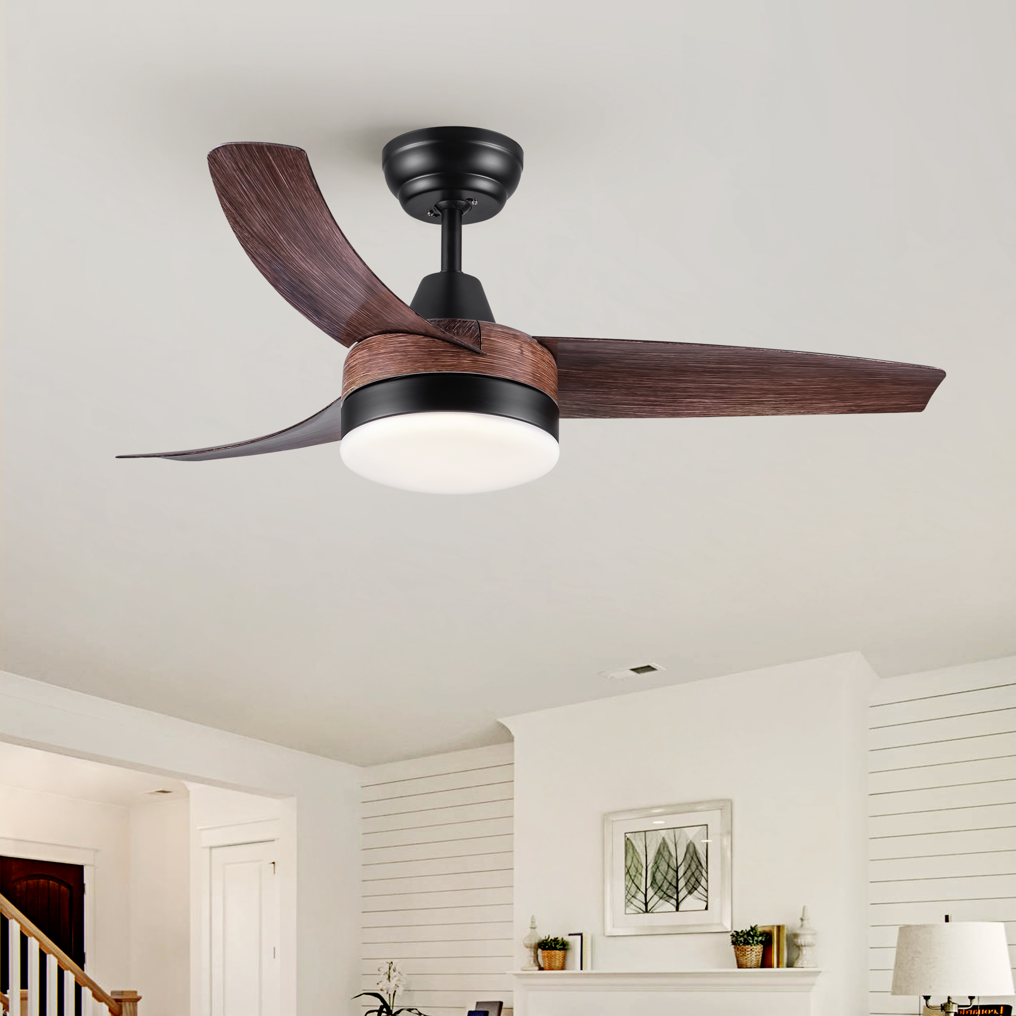 42″ YUHAO Farmhouse Rustic LED Ceiling Fan with Brown Wood Grain ABS Blades and Remote Control