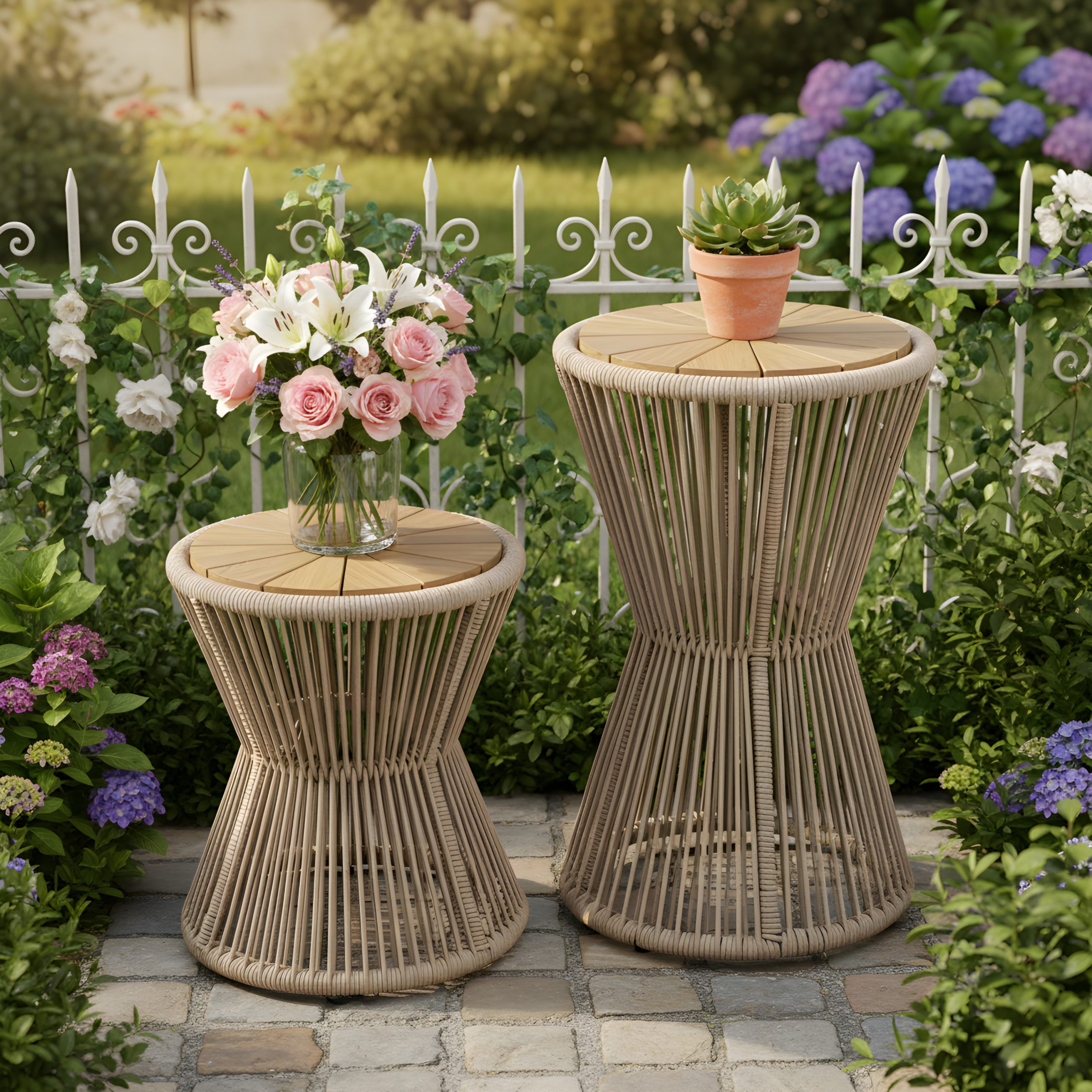 Scott Living Nara Beige Outdoor Side Table Acacia Wood & Woven Rope, Set of 2