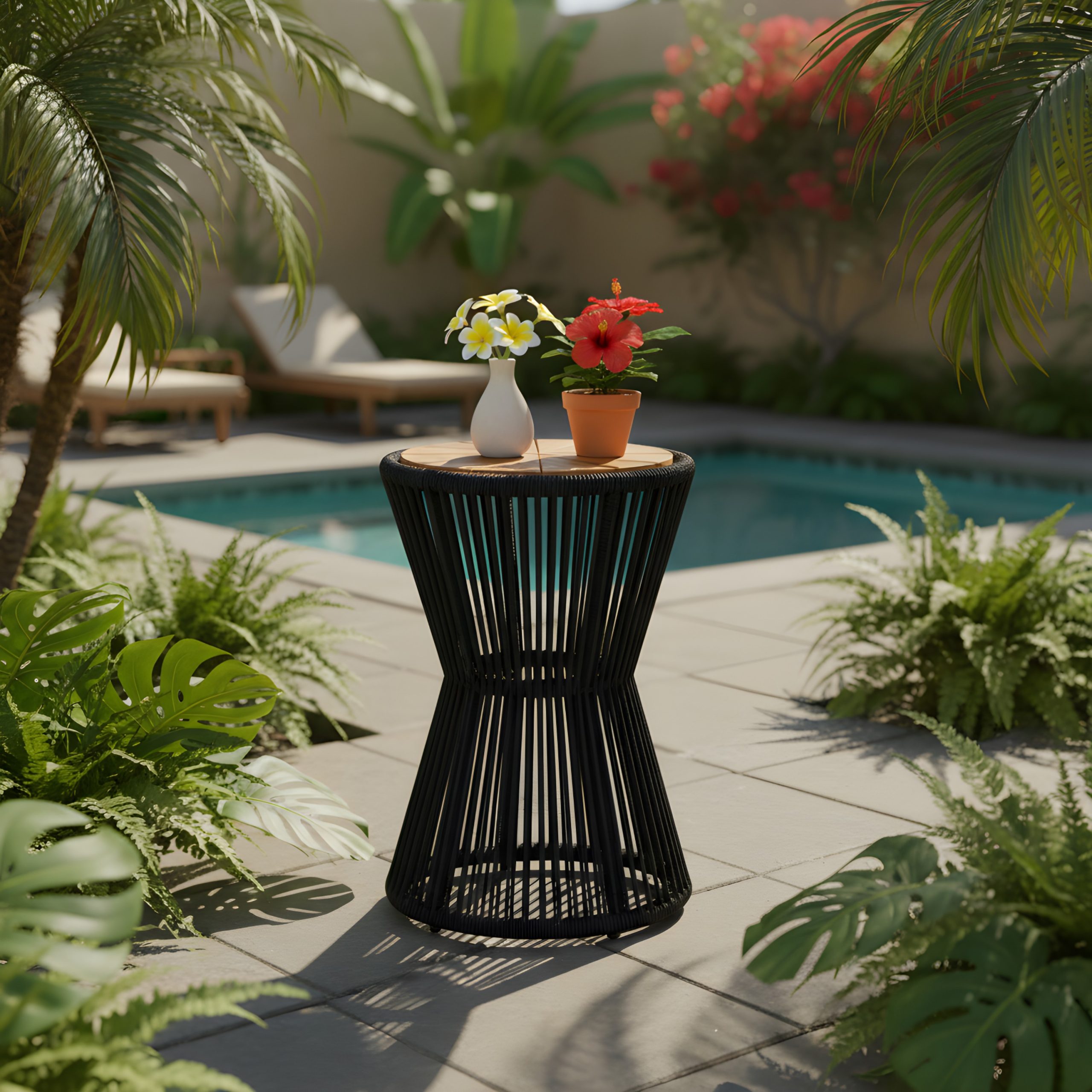 Outdoor Side Table, Black Rope and Acacia Wood, 25.80″ Height, 16.14″ Diameter, Elegant Long Hourglass Design, Weather Resistant, for Patio, Deck, Garden, Balcony, Modern Minimalist Style
