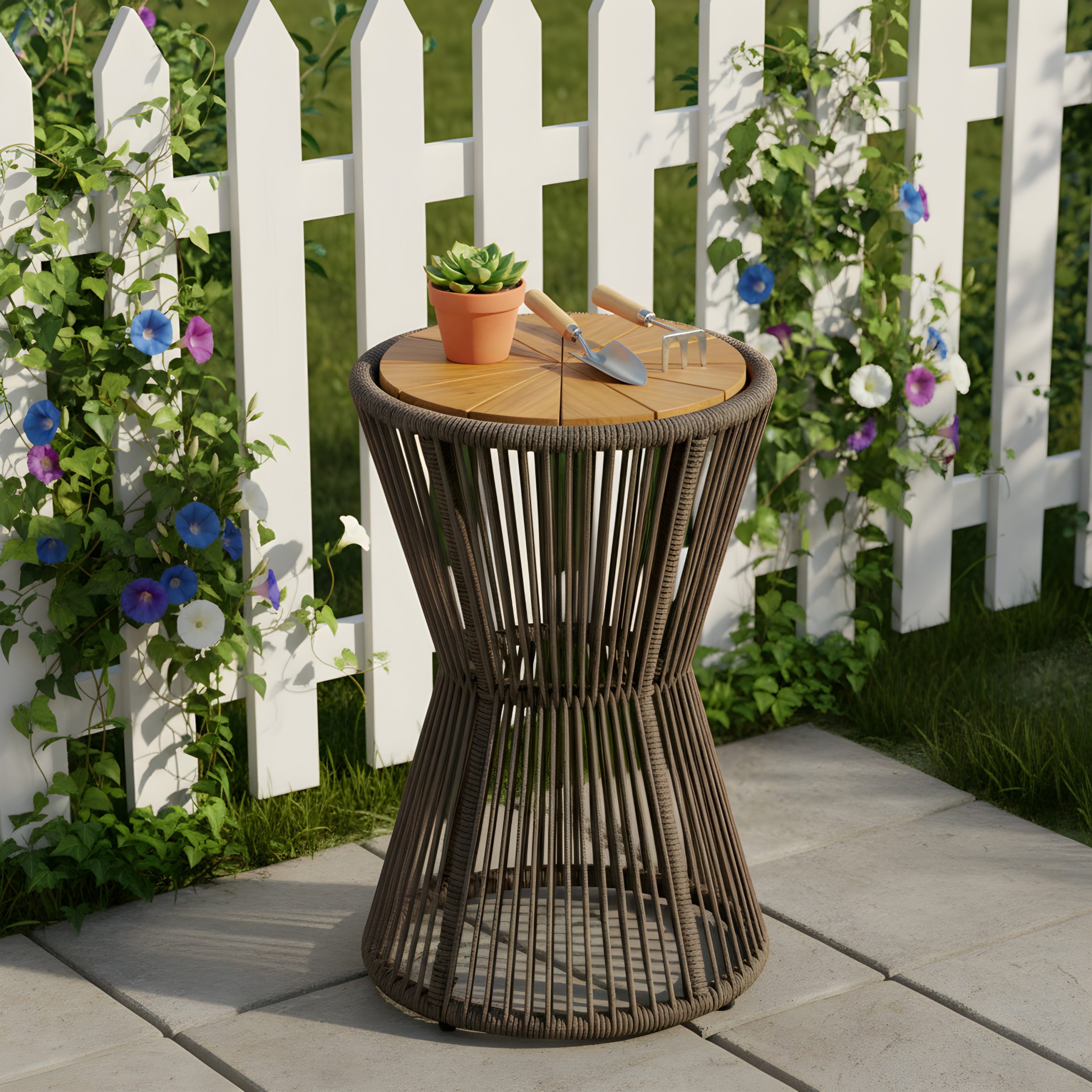 Outdoor Side Table, Dark Grey Rope and Acacia Wood, 25.80″ Height, 16.14″ Diameter, Elegant Long Hourglass Design, Weather Resistant, for Patio, Deck, Garden, Balcony, Modern Minimalist Style