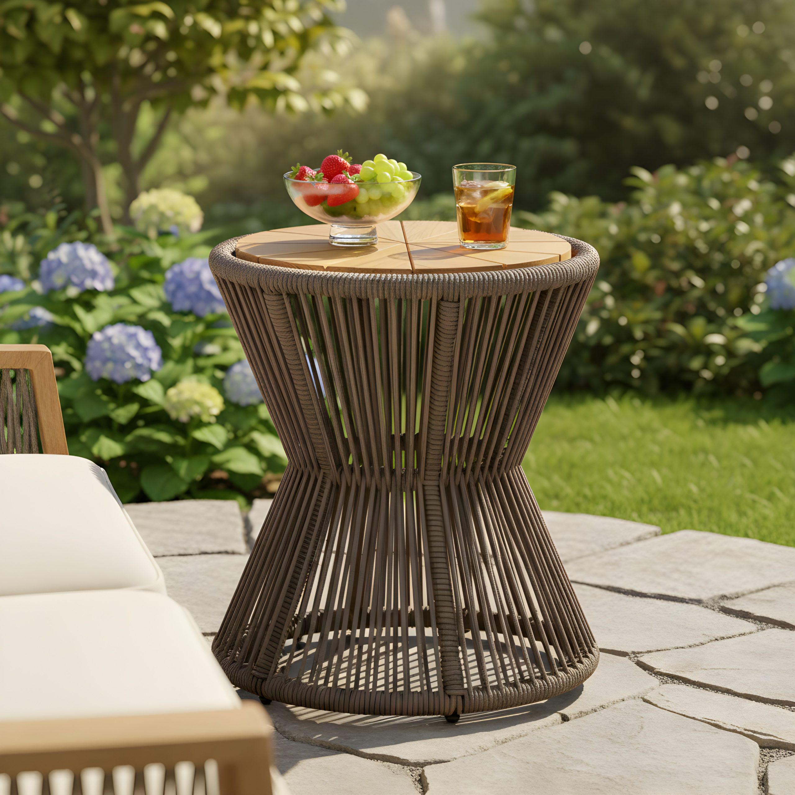 Outdoor Side Table, Dark Grey Rope & Acacia Wood, 18.90″ Height, 16.14″ Diameter, Elegant Hourglass Design, Weather Resistant, for Patio, Deck, Garden, Balcony, Modern Minimalist Style