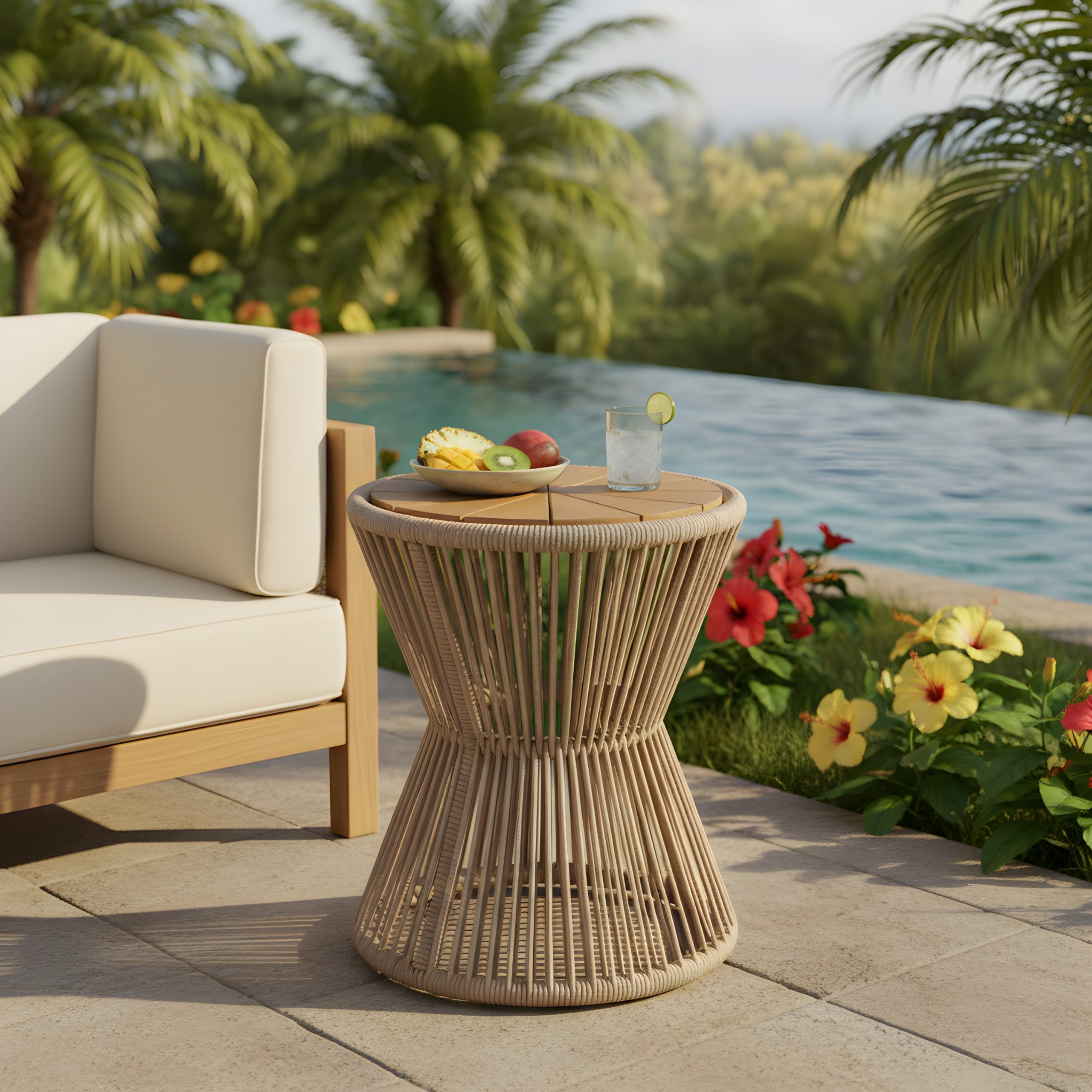Outdoor Side Table, Beige Rope & Light Teak Finish, 18.90″ Height, 16.14″ Diameter, Elegant Hourglass Design, Weather Resistant, for Patio, Deck, Garden, Balcony, Modern Minimalist Style