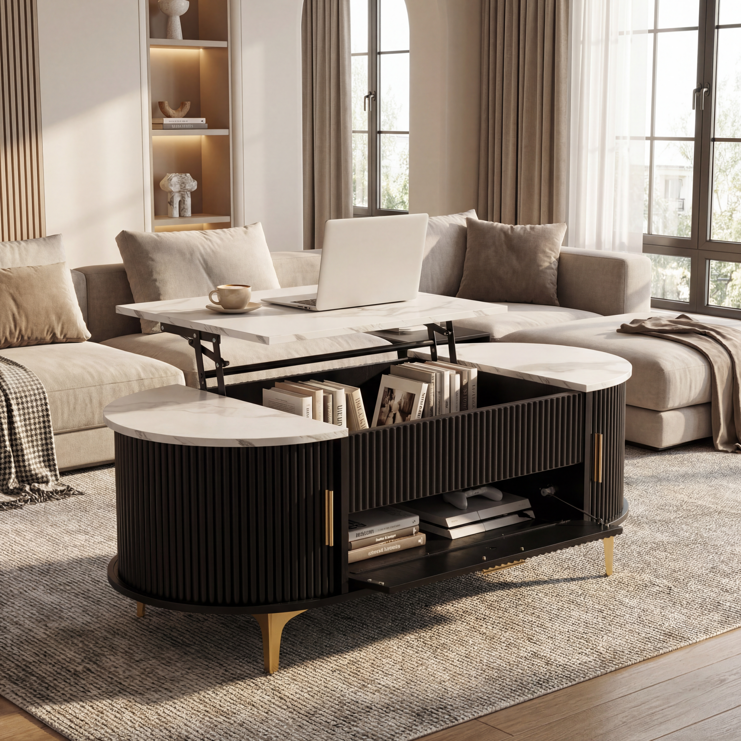 Lift-Top Coffee Table with Storage: Black Oval Base, White Marble Top, Gold Metal Legs, Modern Contemporary Living Room Furniture