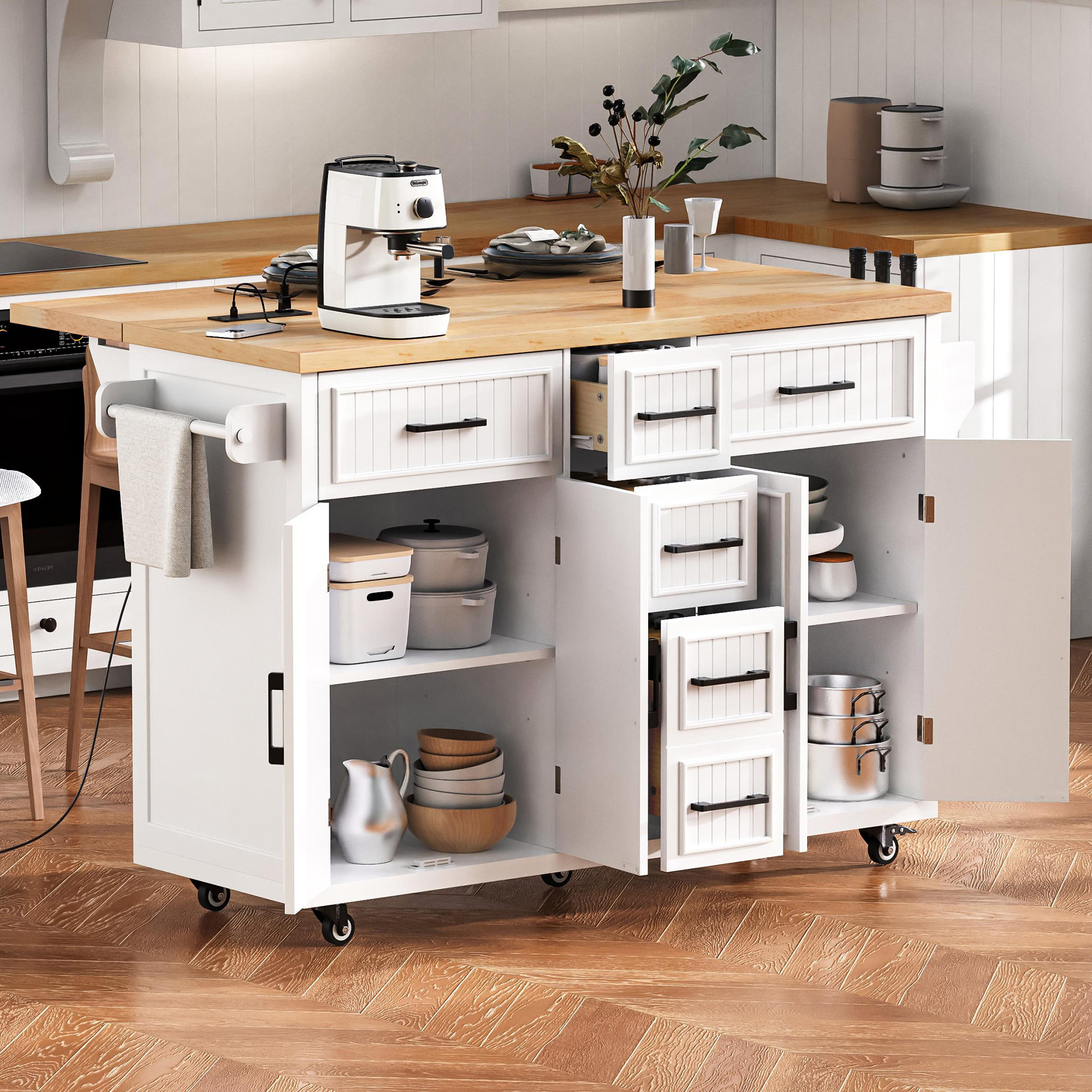 K&K 56.5” Kitchen Island with Drop Leaf, Power Outlet, Embossed Vertical Stripe Rolling Kitchen Cart on Wheels with 4 Doors , 5 Deep Drawers and Adjustable Shelves, for Kitchen, Dining Room, White