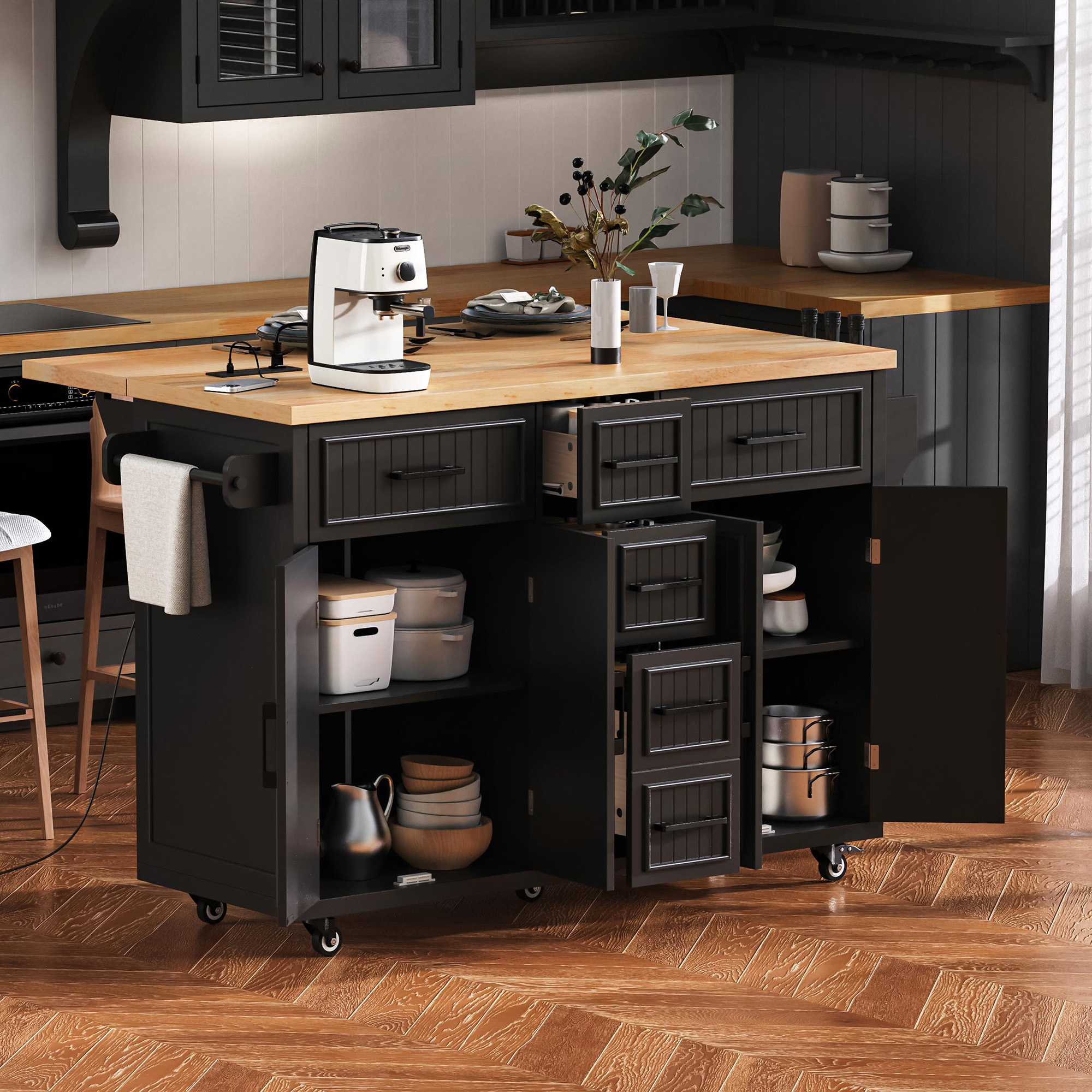 K&K 56.5” Kitchen Island with Drop Leaf, Power Outlet, Embossed Vertical Stripe Rolling Kitchen Cart on Wheels with 4 Doors , 5 Deep Drawers and Adjustable Shelves, for Kitchen, Dining Room, Black