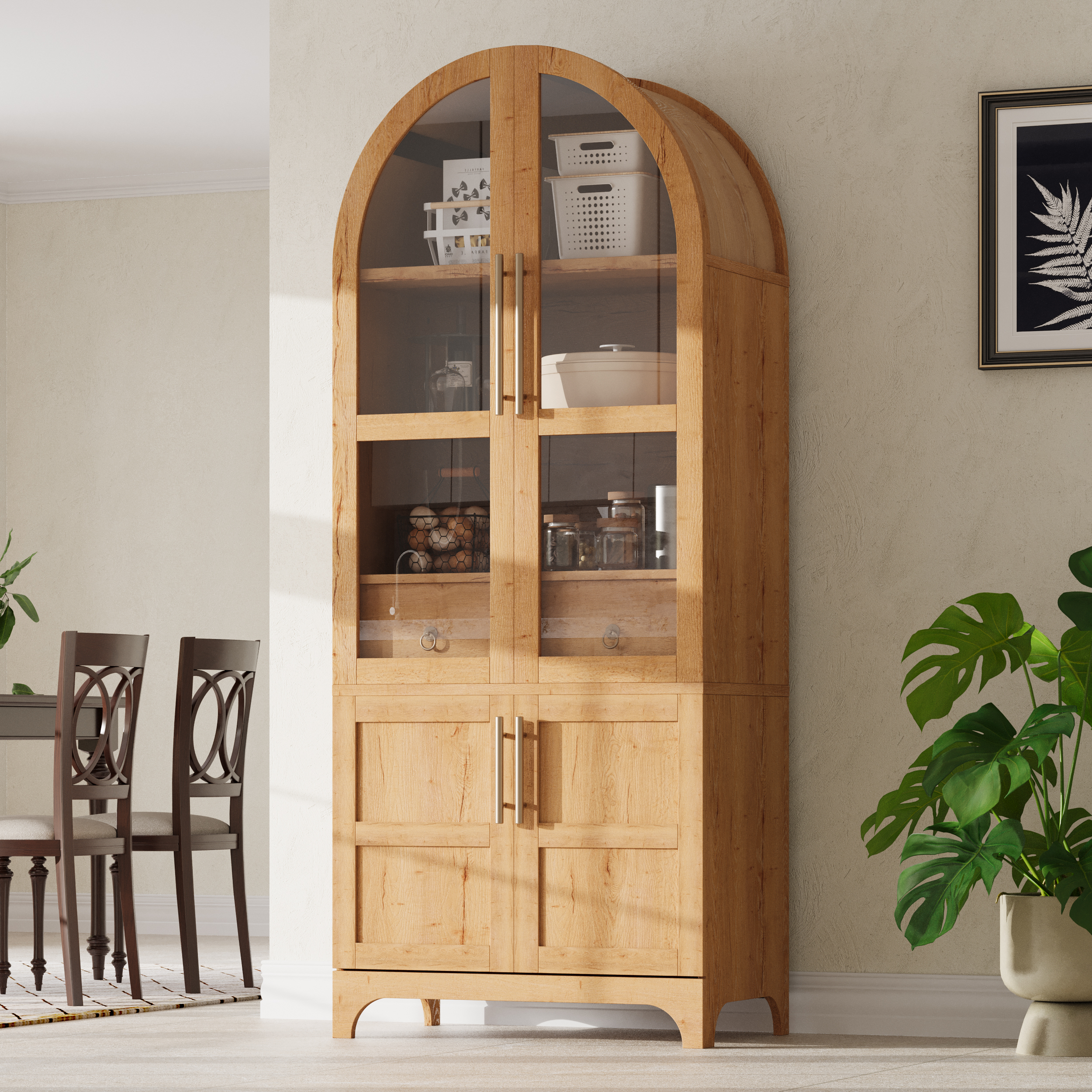 K&K 71″ Tall Arched Kitchen Pantry Cabinet with Door Shelves, Farmhouse Kitchen Storage Cabinet with Open & Adjustable Shelves, Hidden Drawer & Glass Door, Cupboard for Kitchen, Dining Room, Natural