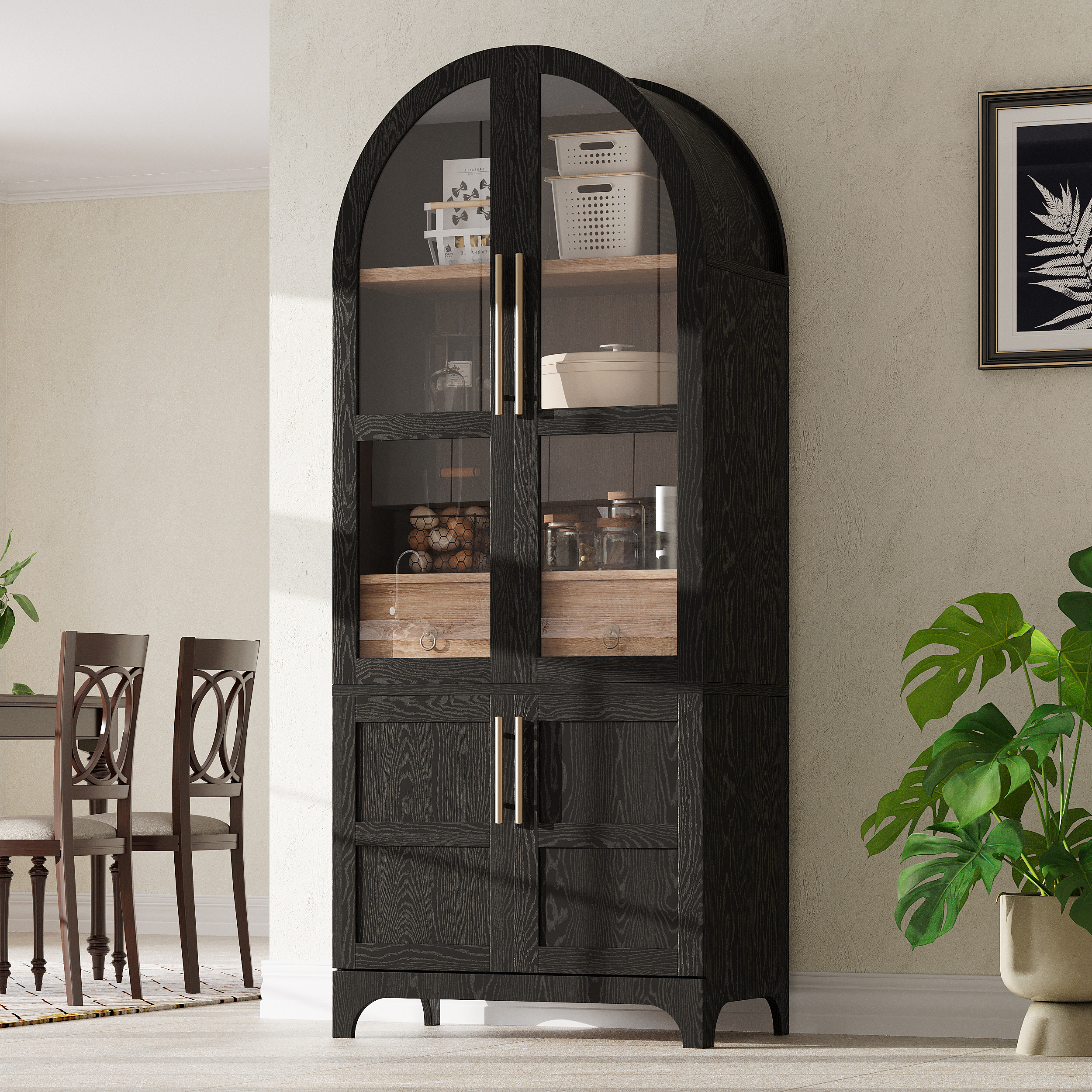 K&K 71″ Tall Arched Kitchen Pantry Cabinet with Door Shelves, Farmhouse Kitchen Storage Cabinet with Open & Adjustable Shelves, Hidden Drawer & Glass Door, Cupboard for Kitchen, Dining Room, Black