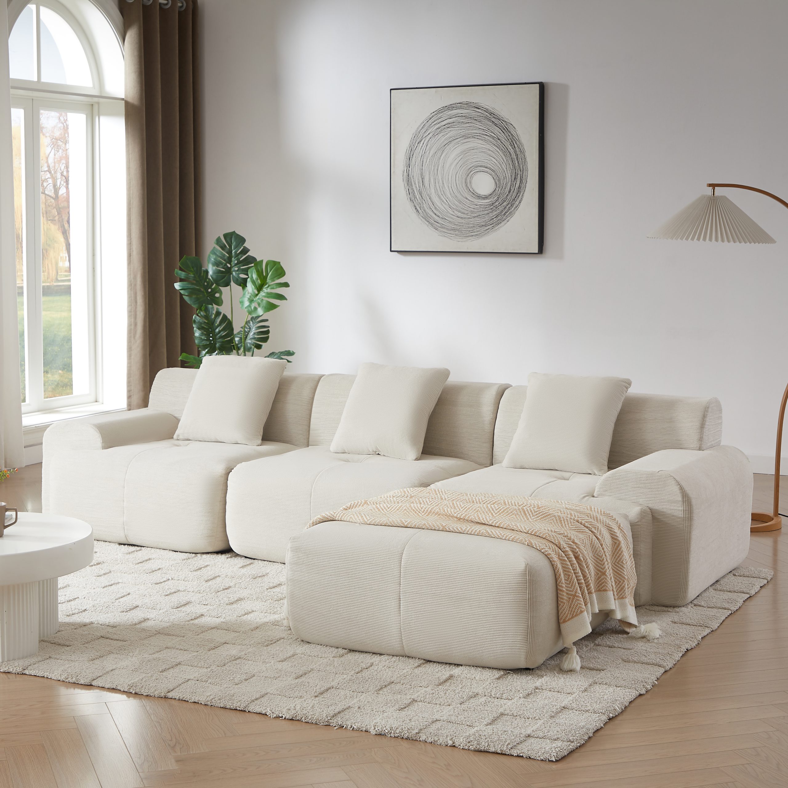 113″ Modern L-Shaped Modular Sectional Sofa for Living Room, Corduroy Upholstery beige, Oversized 3-Seater Couch with Deep Seat and Movable Ottoman – No Assembly