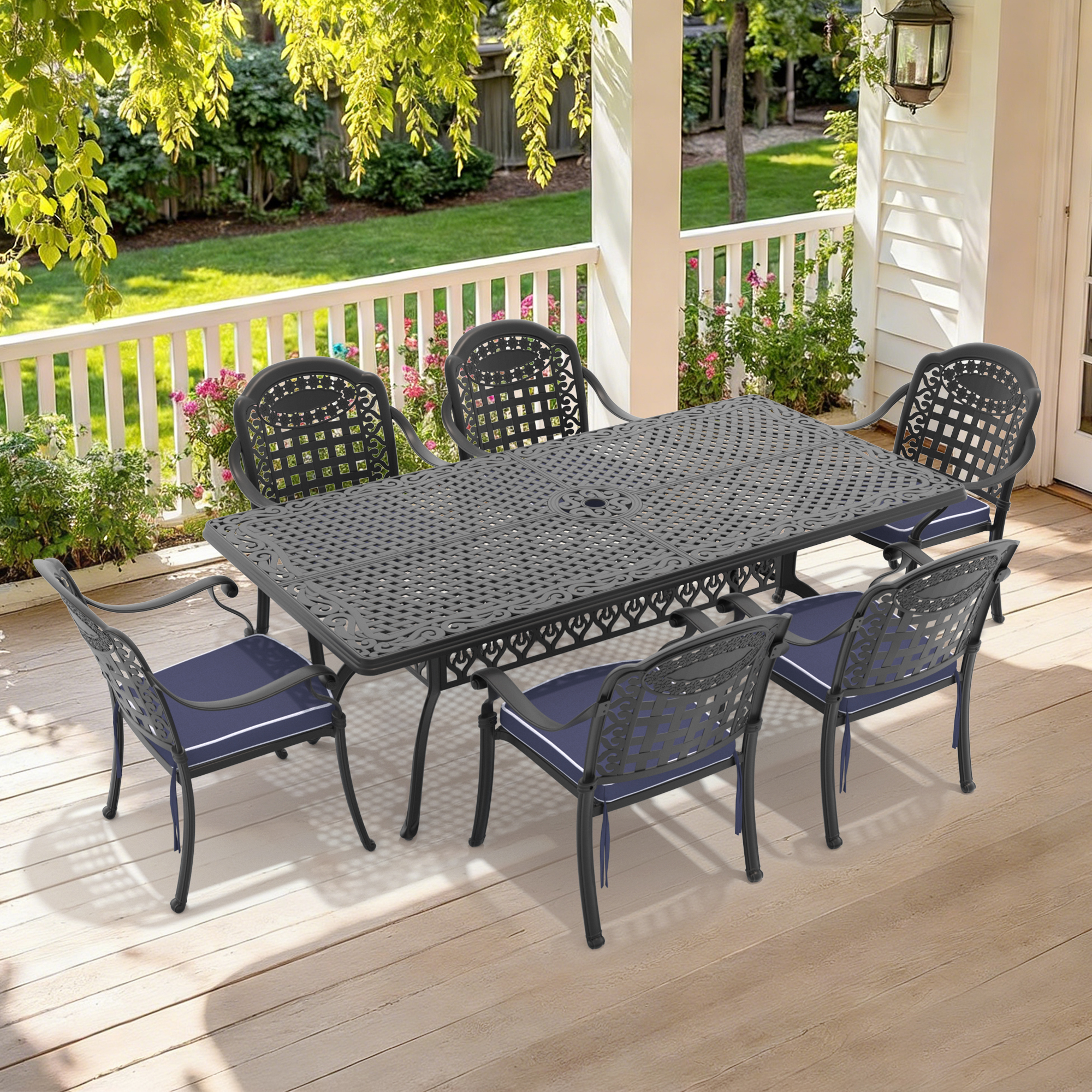 7-Piece Set Of Cast Aluminum Patio Furniture With Black Frame and Blue Seat Cushions