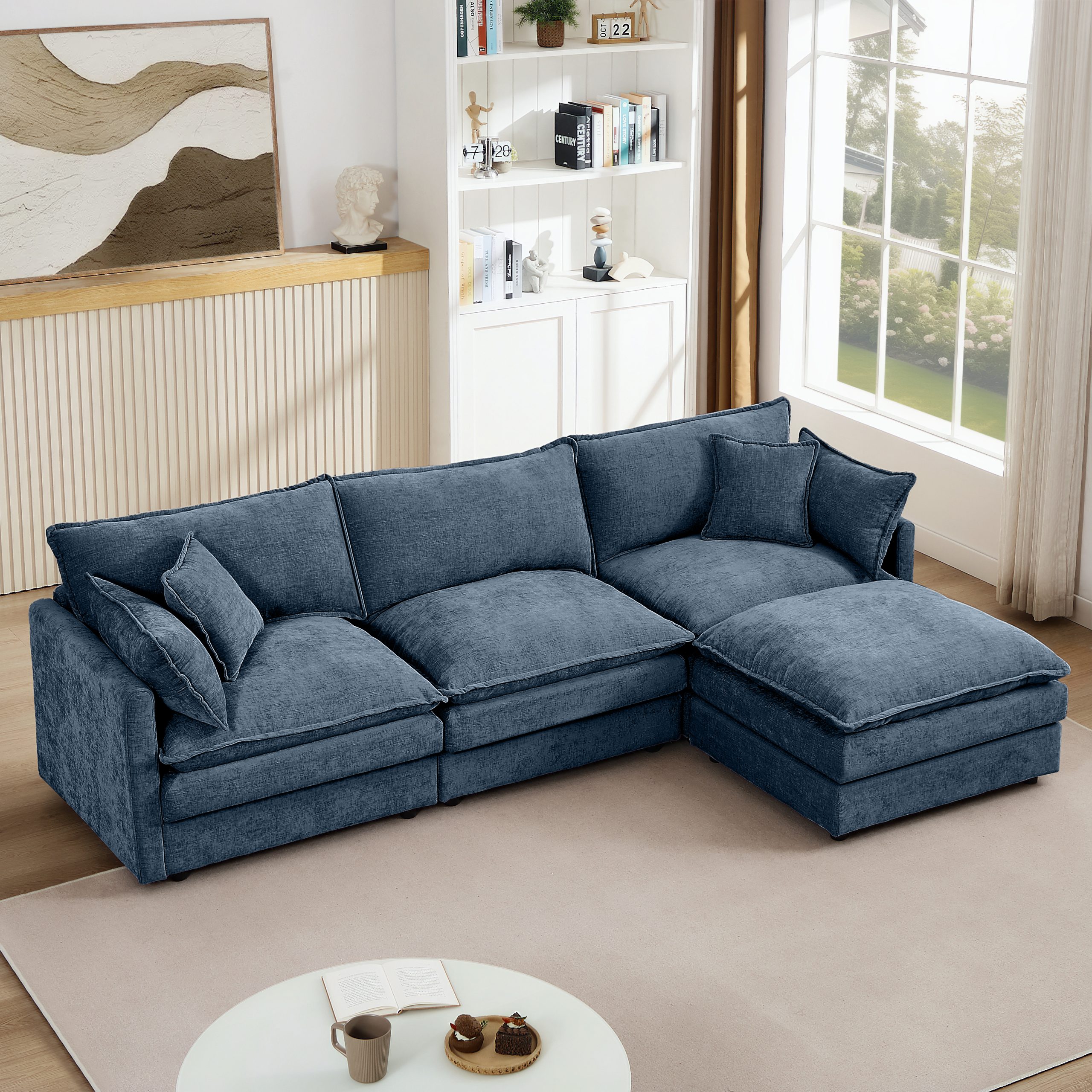 Modular Sectional Sofa, 102 Inch L Shaped Couch Set for Living Room, 3-Seater Comfy Cloud Couches with Movable Ottoman, DIY Combination, Chenille, Blue