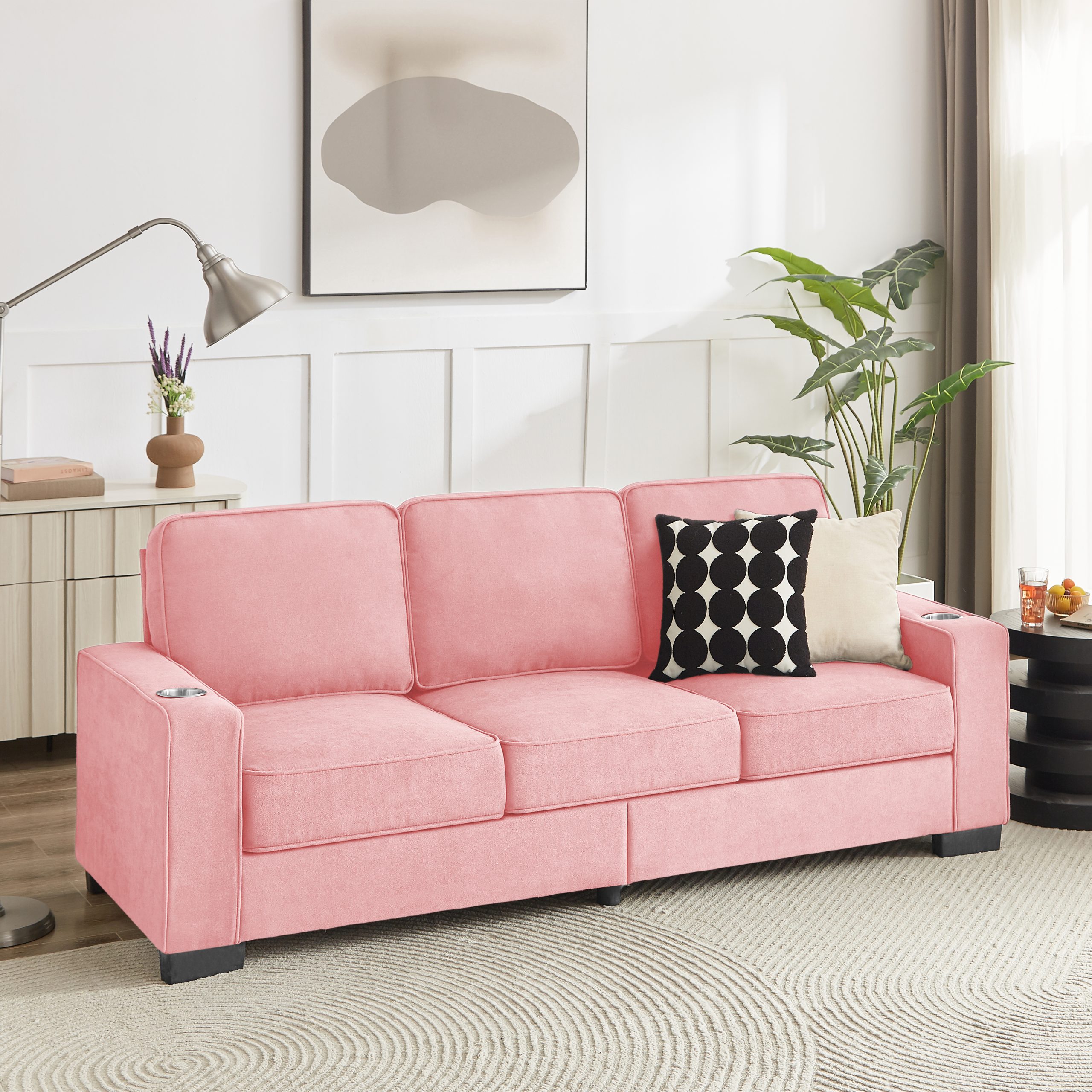 83.86″Snowfleece Fabric sofa,Modern Compressed Couch,3-Seater Sofa, Furniture for Living Room,Bedroom,office ,Pink