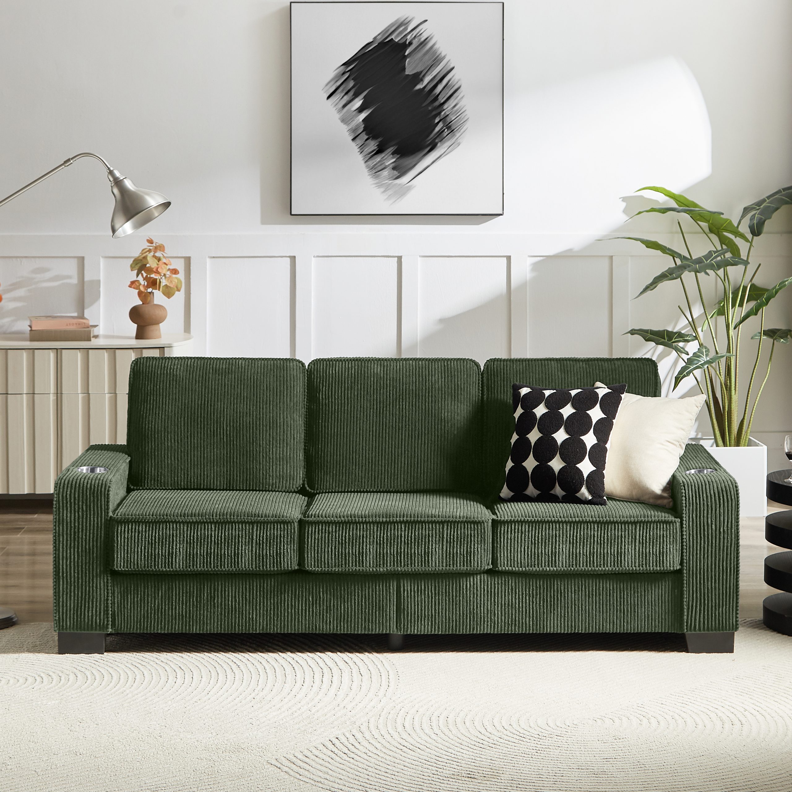83.86″Corduroy Fabric sofa,Modern Compressed Couch,3-Seater Sofa, Furniture for Living Room,Bedroom,office ,Green