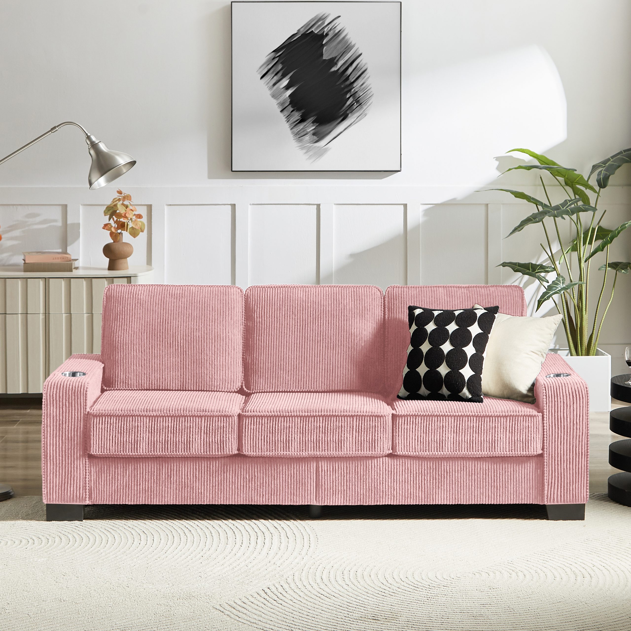83.86″Corduroy Fabric sofa,Modern Compressed Couch,3-Seater Sofa, Furniture for Living Room,Bedroom,office ,Pink