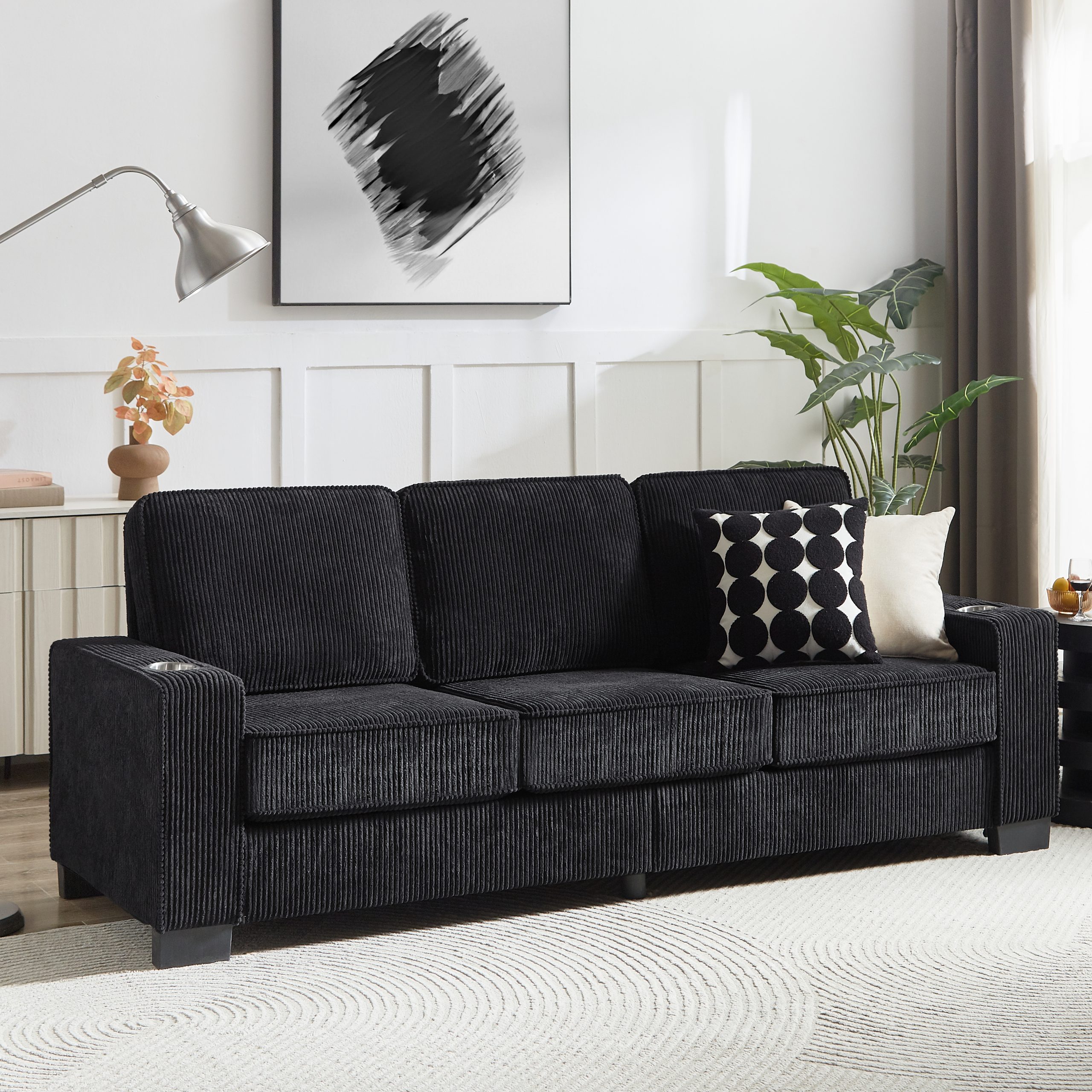 83.86″Corduroy Fabric sofa,Modern Compressed Couch,3-Seater Sofa, Furniture for Living Room,Bedroom,office ,Black