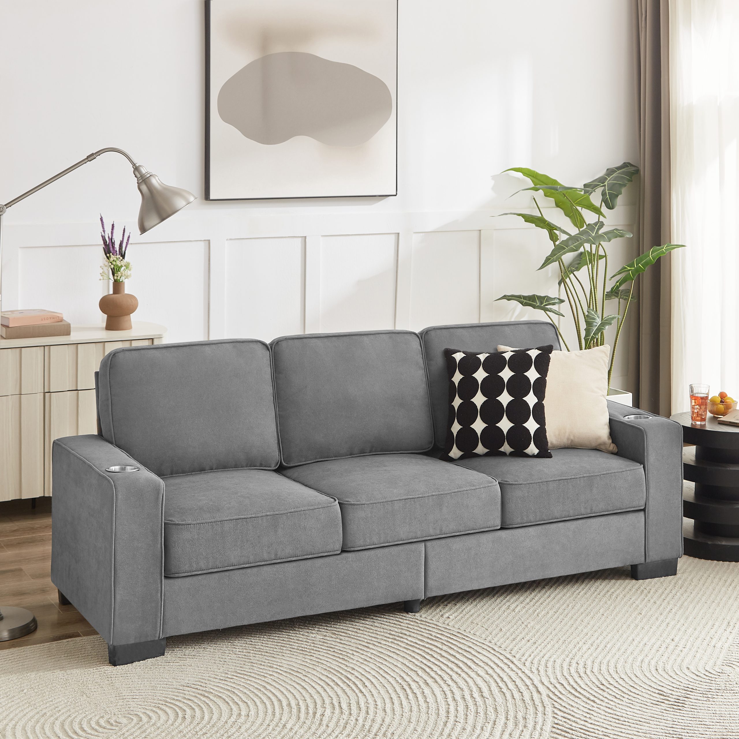 83.86″Snowfleece Fabric sofa,Modern Compressed Couch,3-Seater Sofa, Furniture for Living Room,Bedroom,office ,Gray