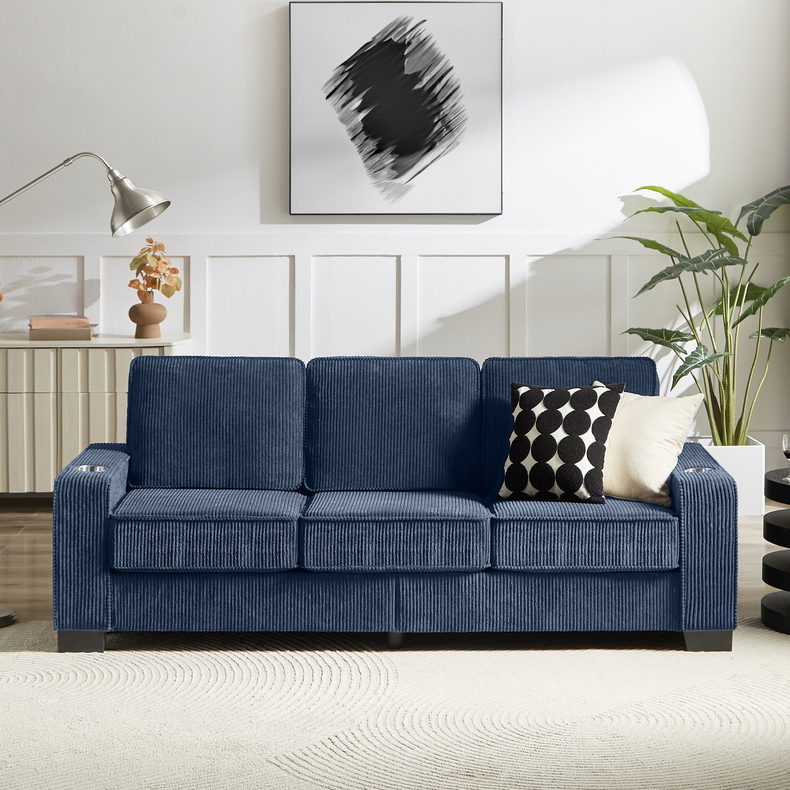 83.86″Corduroy Fabric sofa,Modern Compressed Couch,3-Seater Sofa, Furniture for Living Room,Bedroom,office ,Blue