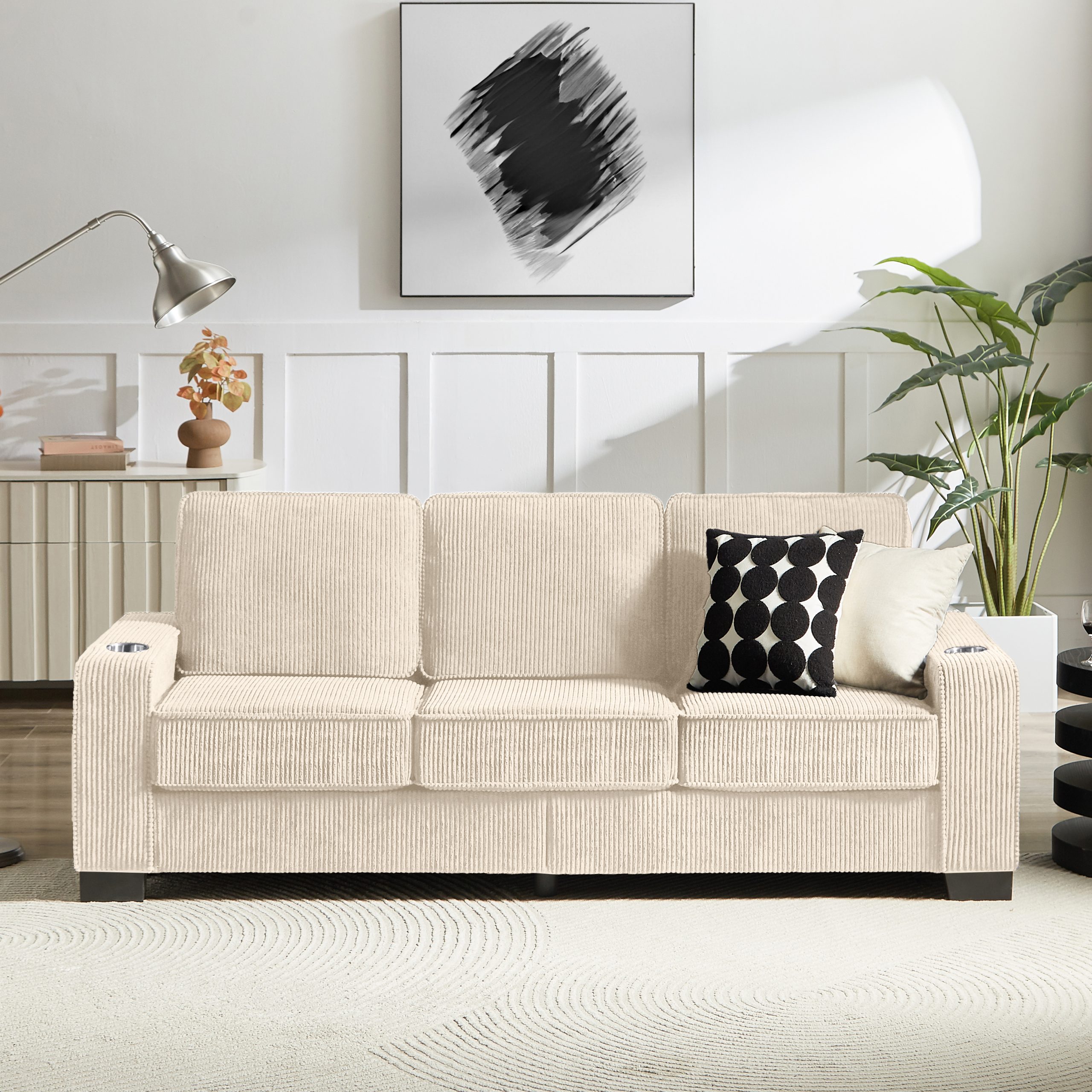 83.86″Corduroy Fabric sofa,Modern Compressed Couch,3-Seater Sofa, Furniture for Living Room,Bedroom,office ,Beige