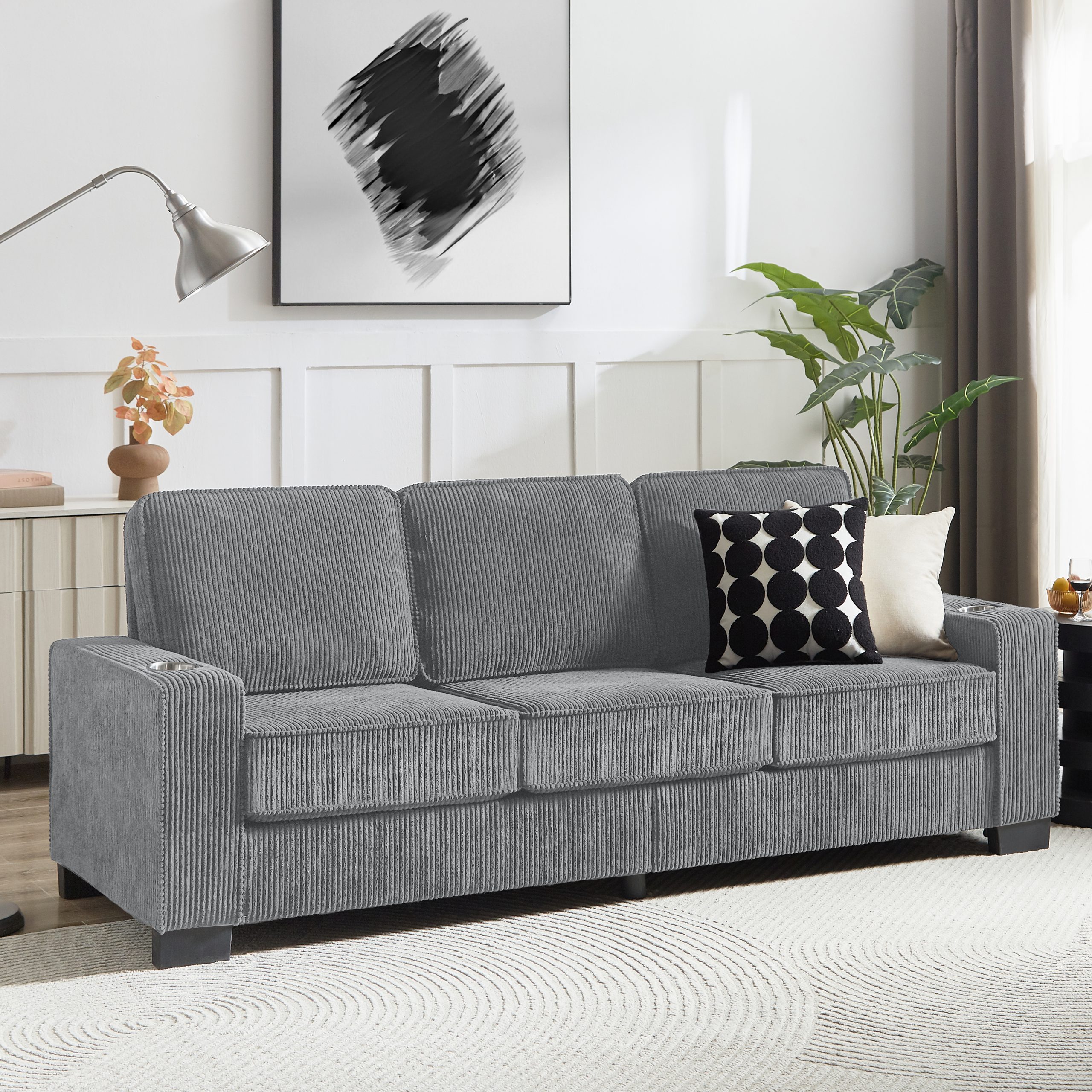 83.86″Corduroy Fabric sofa,Modern Compressed Couch,3-Seater Sofa, Furniture for Living Room,Bedroom,office ,Gray