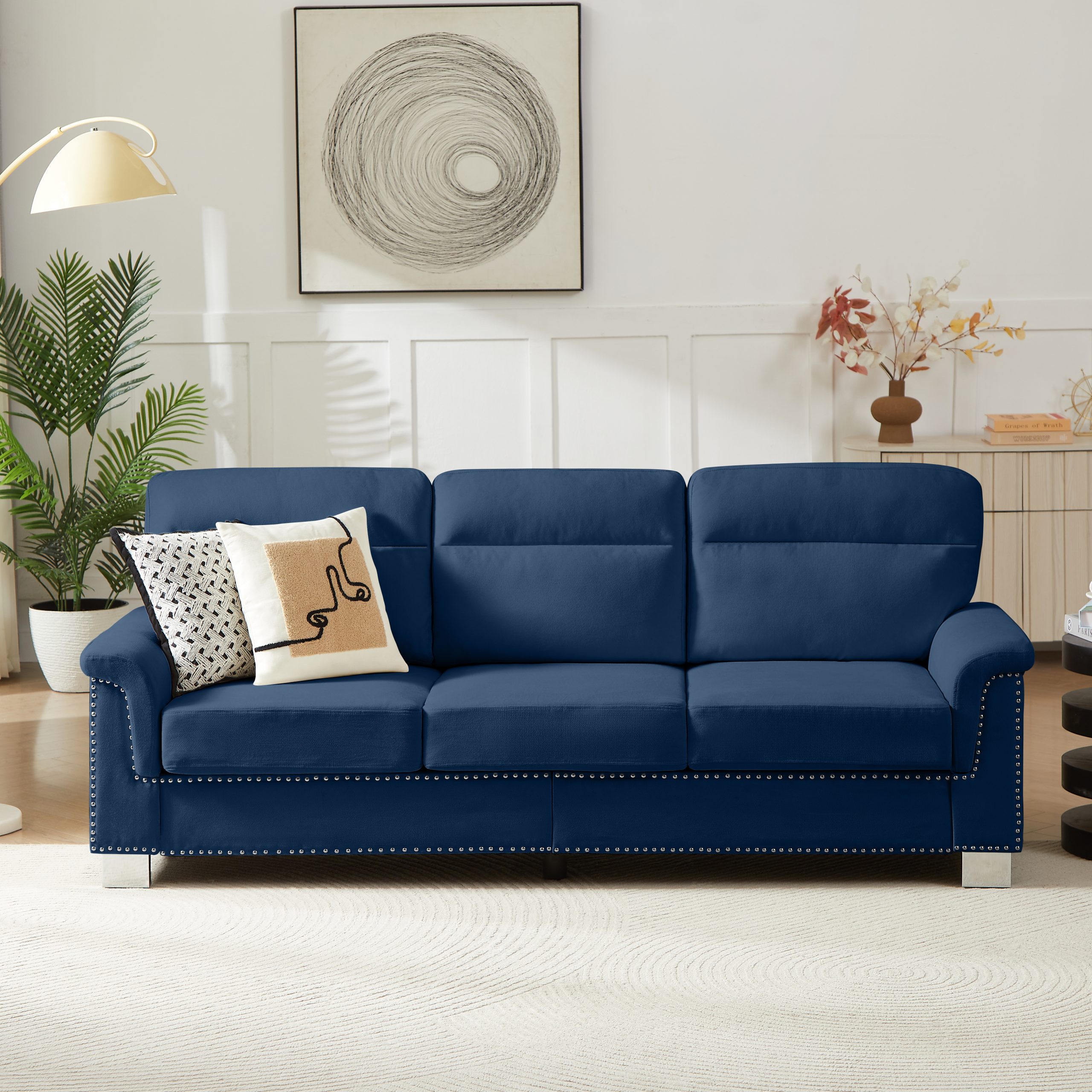 82″ Modern Compressed Snowfleece Fabric 3-Seater Sofa, for Living Room, Bedroom, Office & Entertainment Spaces, ​Blue