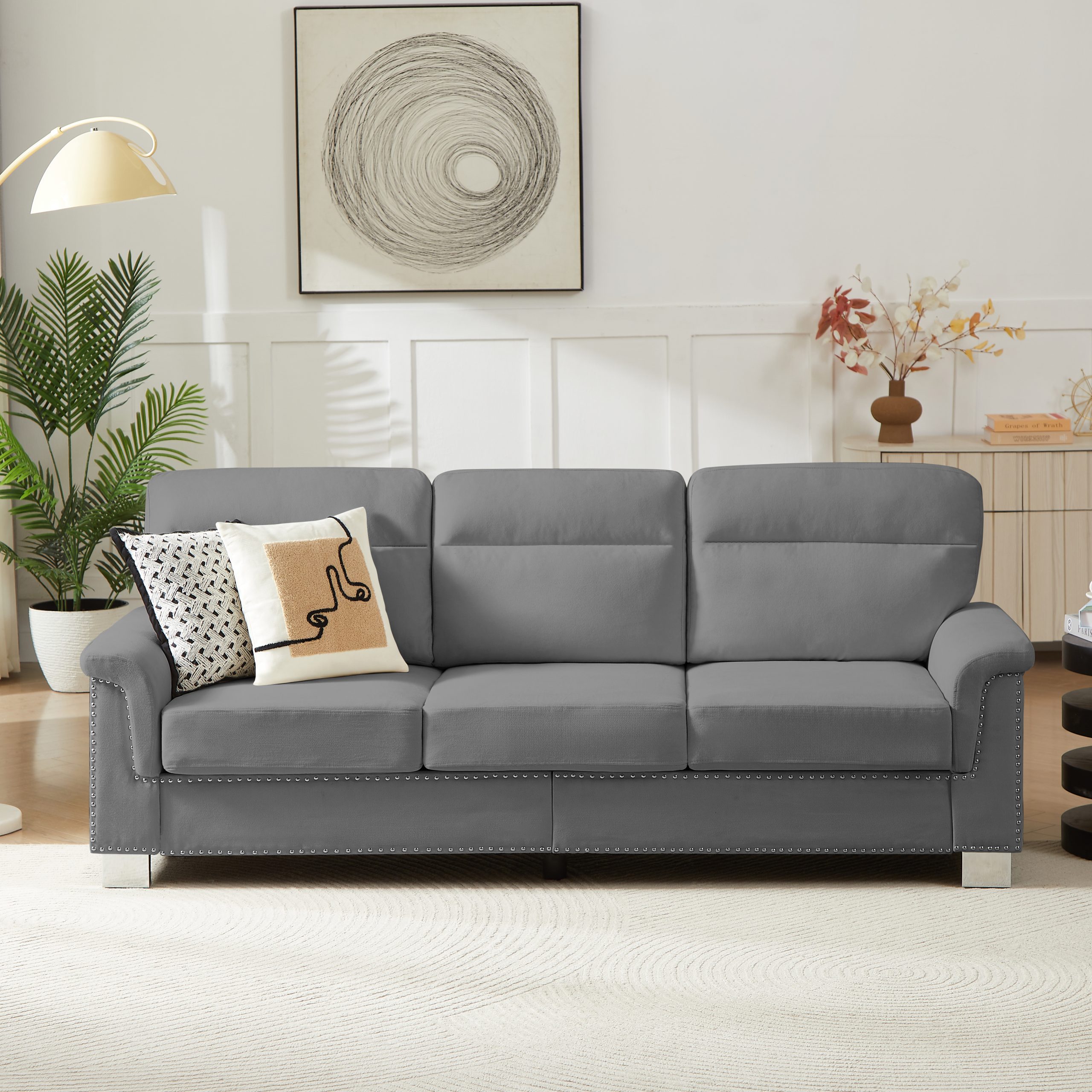 82″ Modern Compressed Snowfleece Fabric 3-Seater Sofa, for Living Room, Bedroom, Office & Entertainment Spaces, ​Gray