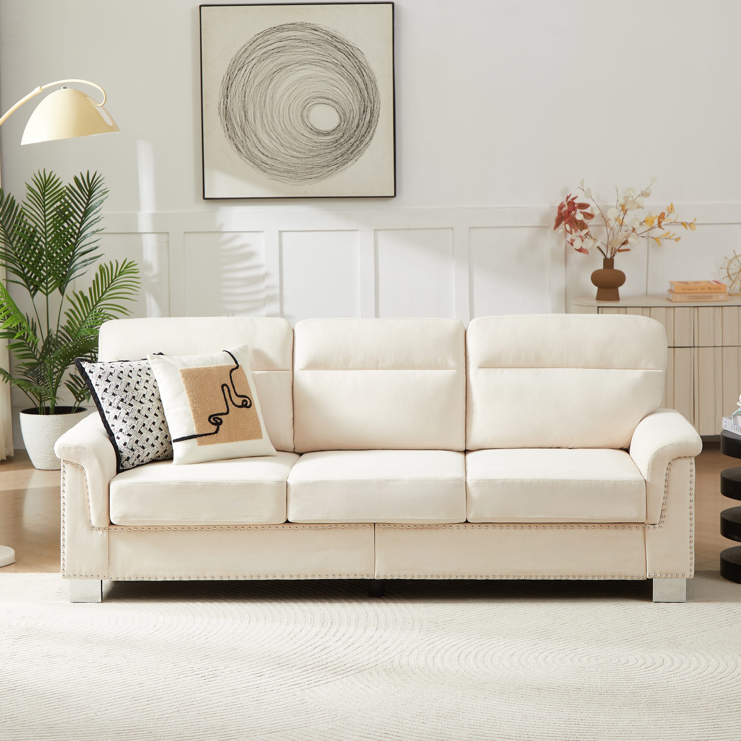 82″ Modern Compressed Snowfleece Fabric 3-Seater Sofa, for Living Room, Bedroom, Office & Entertainment Spaces, Beige