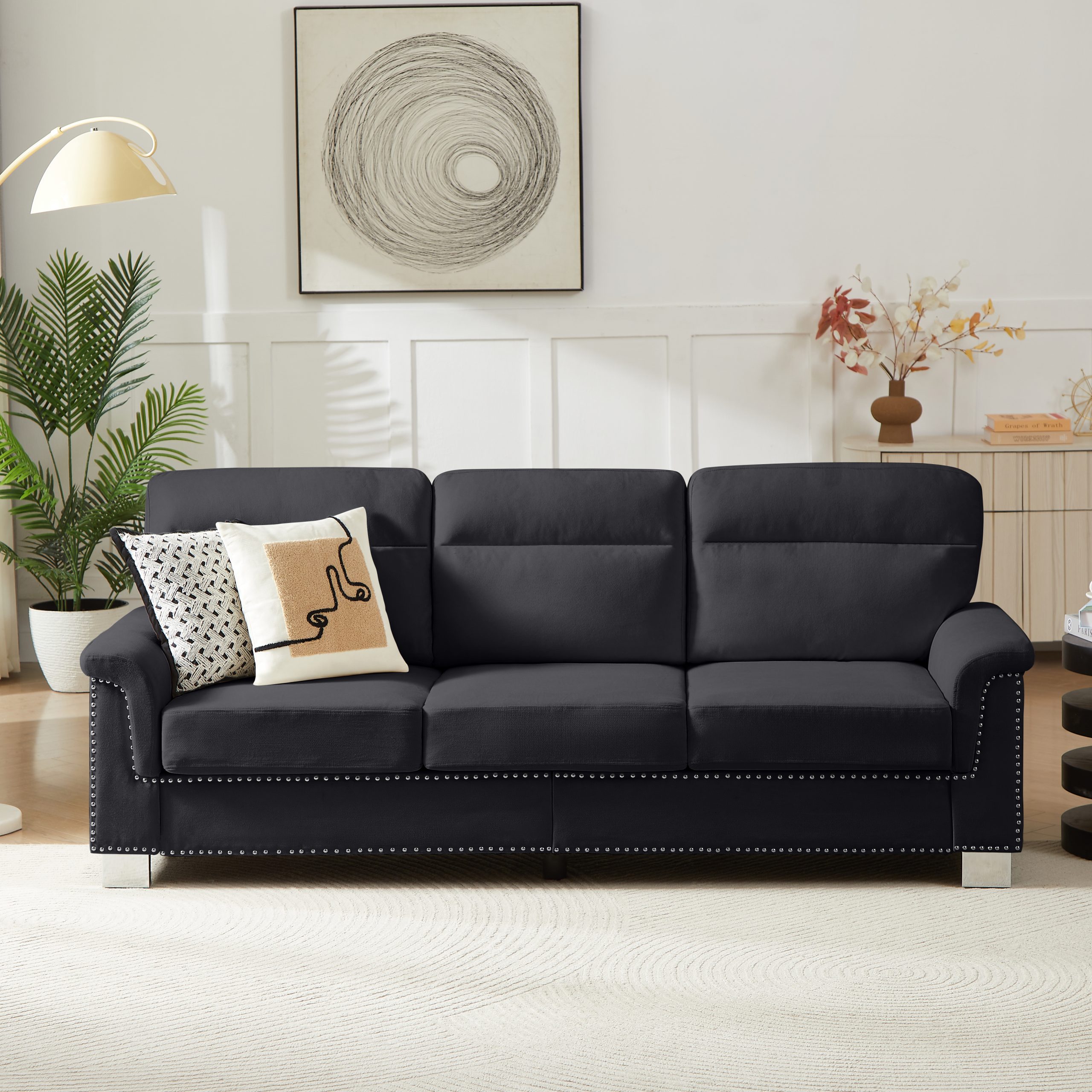 82″ Modern Compressed Snowfleece Fabric 3-Seater Sofa, for Living Room, Bedroom, Office & Entertainment Spaces,Black