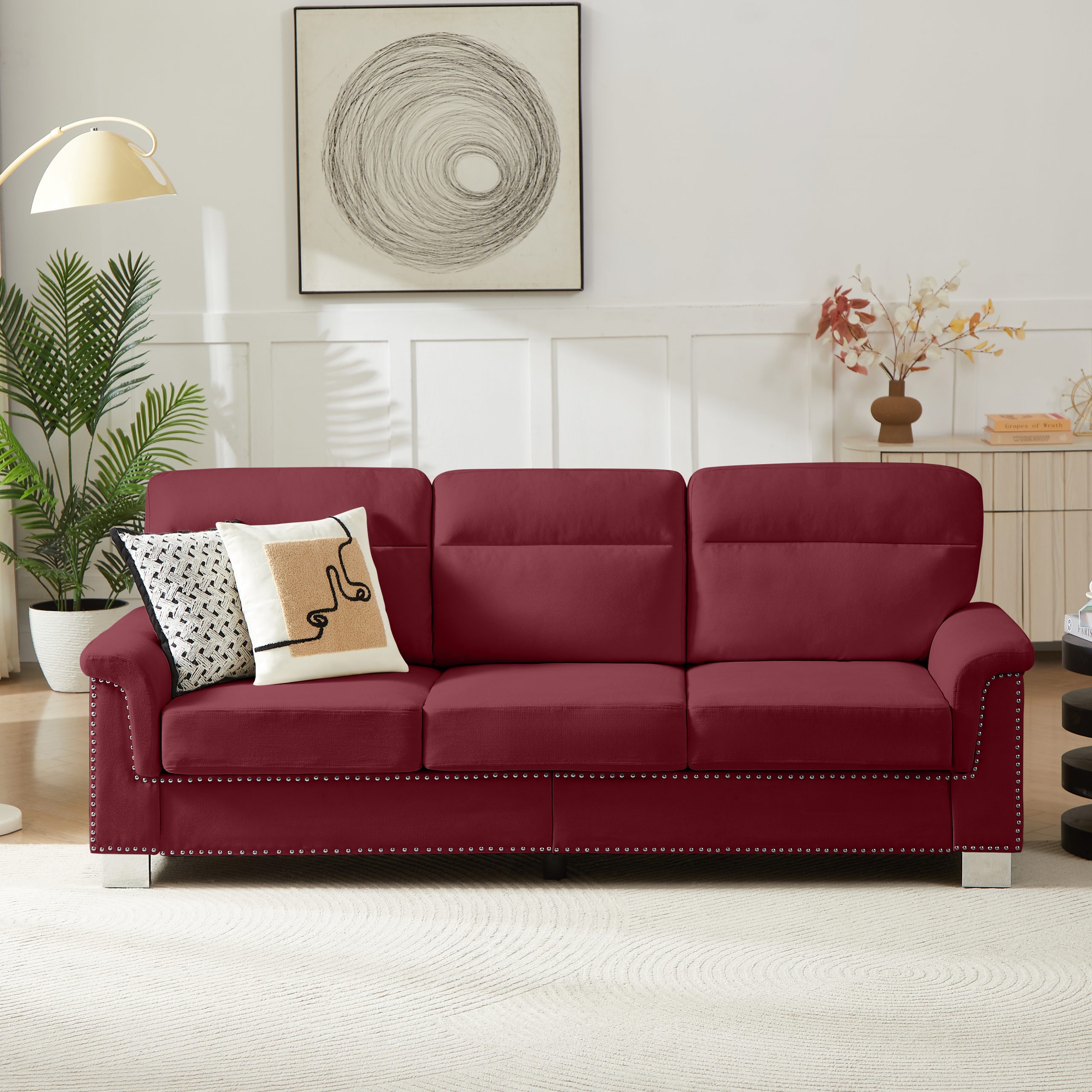 82″ Modern Compressed Snowfleece Fabric 3-Seater Sofa, for Living Room, Bedroom, Office & Entertainment Spaces, ​Burgundy