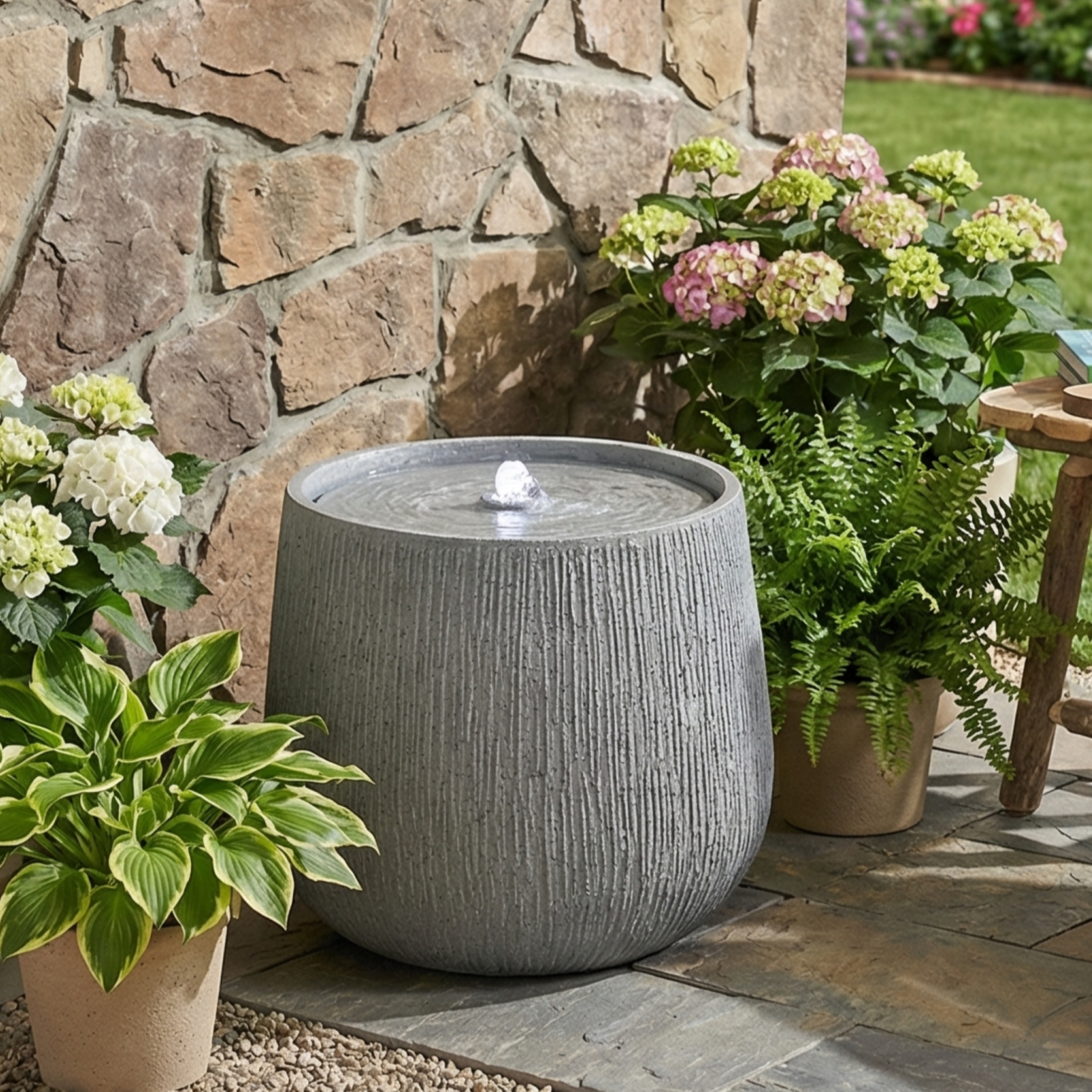 12.99″H Gray Polyresin Outdoor Water Fountain, Bowl-Shaped Water Feature with LED Light for Patio Deck Yard Decor