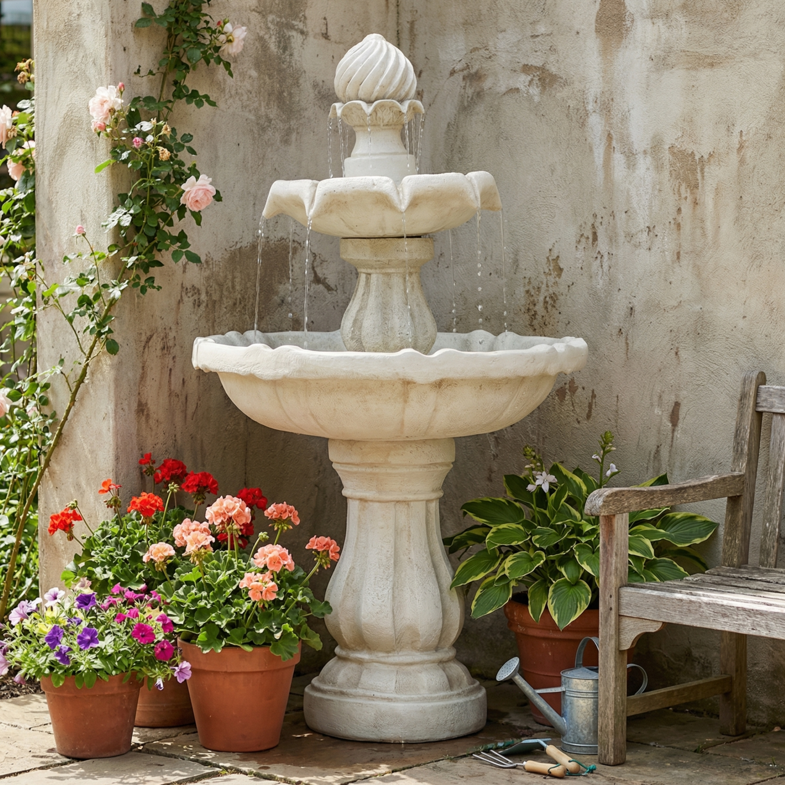37.4″H 2-Tier White Polyresin Outdoor Water Fountain, Classic Pedestal Cascading Water Feature for Patio Garden Yard Decor