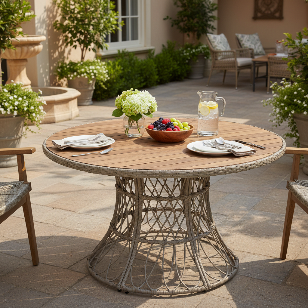 Durable Outdoor Dining Table – Round Acacia Wood Top & Wicker Base, Brown Patio Table for 4 – 6, Garden Outdoor Furniture (Compatible with Matching Chairs)