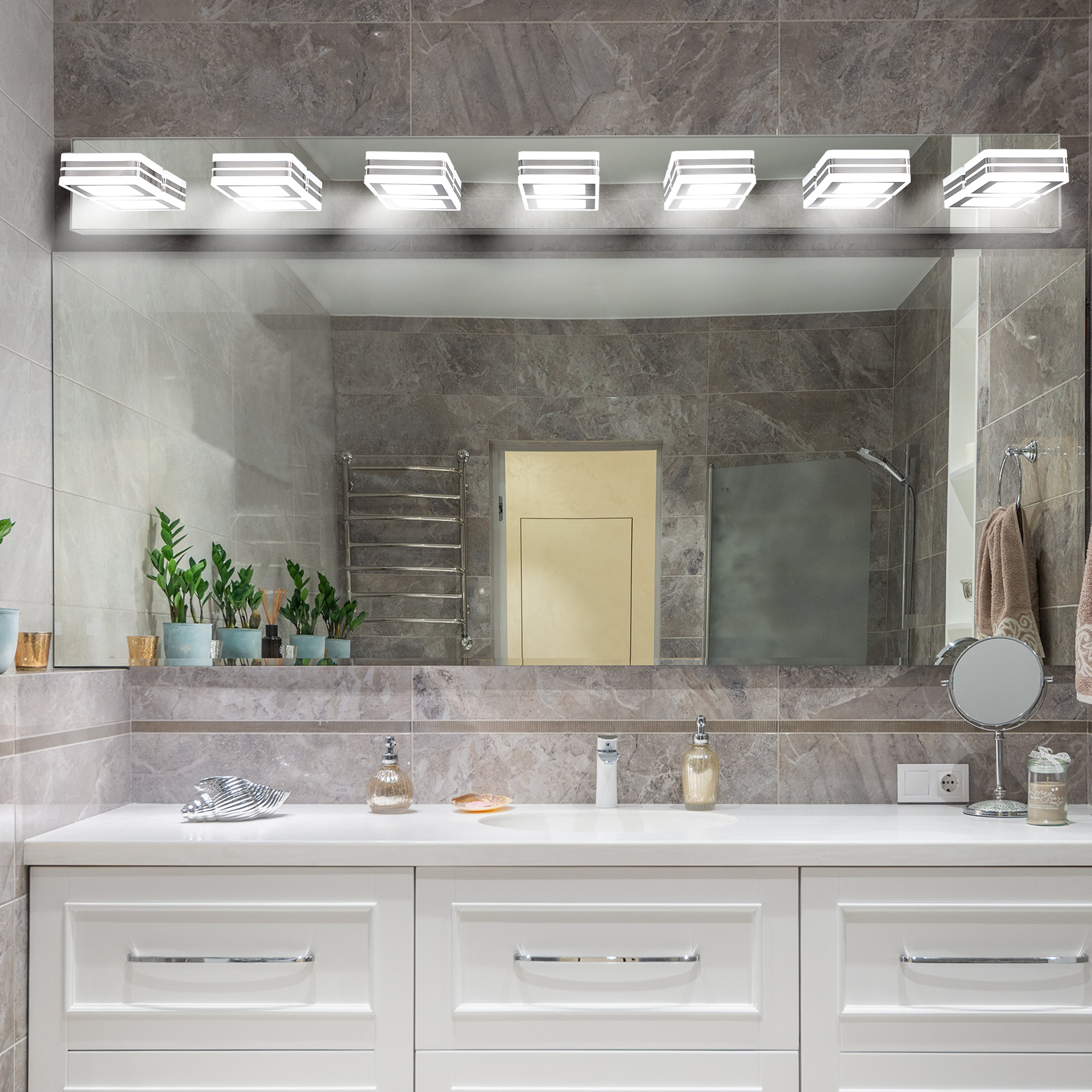 (Same as W1340142519/L2007-G-7) 45″ Modern Chrome 7-Light LED Vanity Light, Square Acrylic Lampshades Wall Mount Fixture for Bathroom, Mirror Lighting