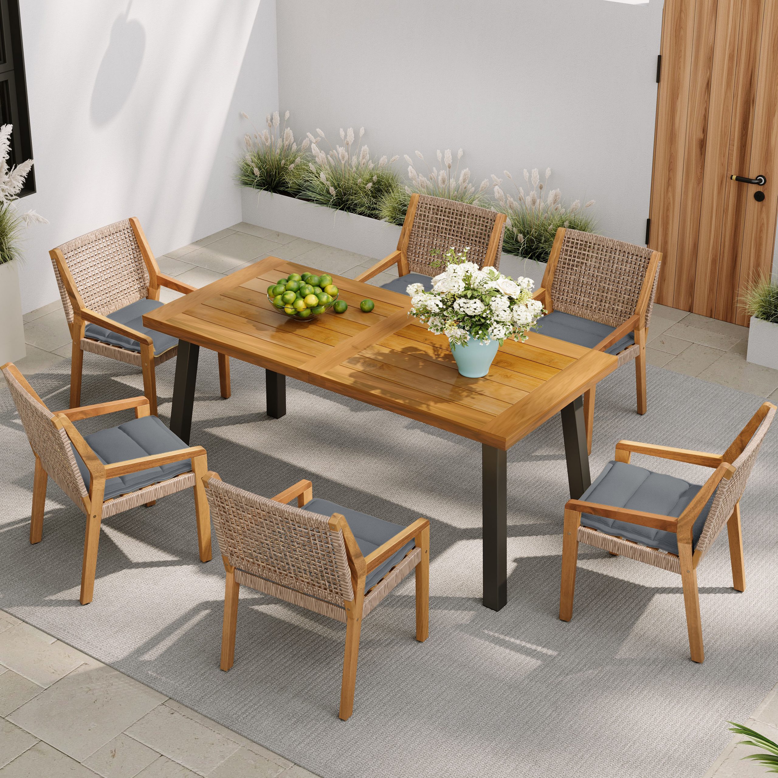 Modern 7-Piece Outdoor Dining Set – Acacia Wood Table with Iron Legs & 6 Wicker Armchairs, Teak Finish, 400 lbs Chair Capacity, for Patio, Garden, or Deck