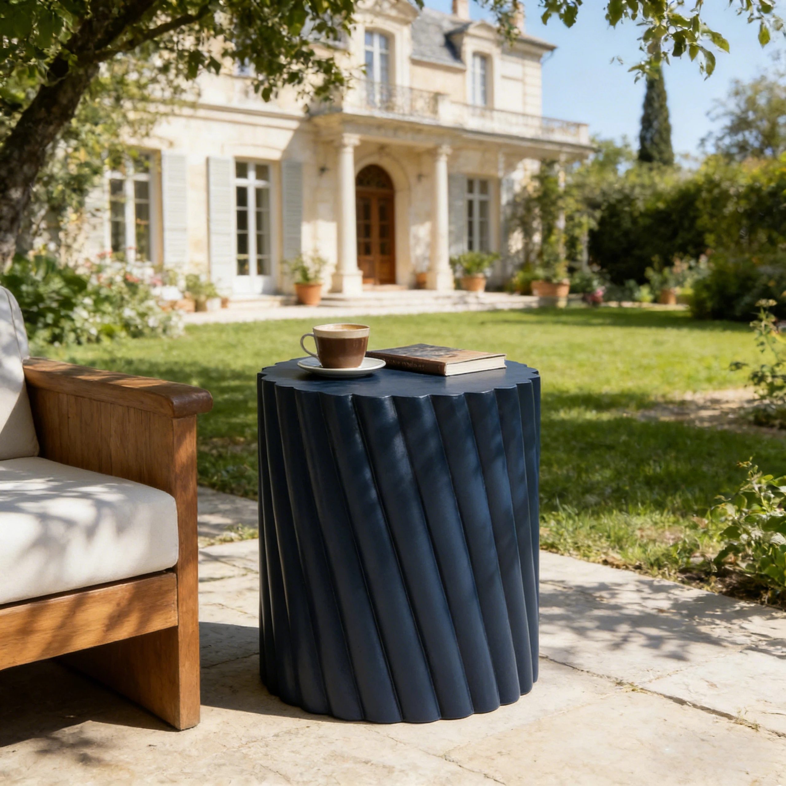 Modern Navy Blue Outdoor Table with Fluted Design – 16.02″ Diameter, 18.31″ H, MGO Material, 250 lbs Capacity, Assembly-Free Accent Table or Seat for Patio, Garden, or Balcony