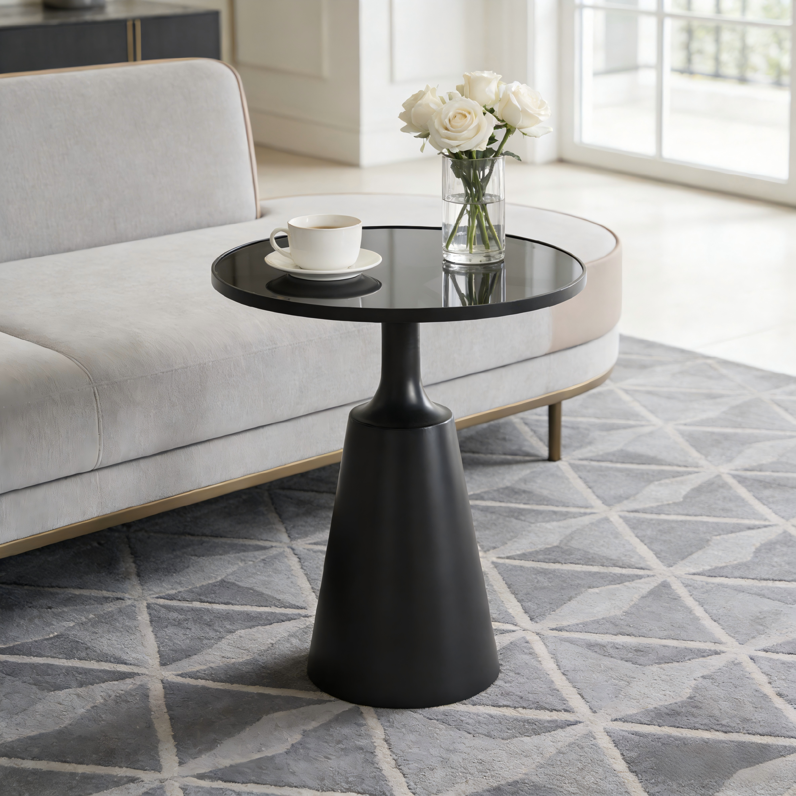 Modern Black Iron Side Table with Round Glass Top – 20″ Diameter, 24.25″ H, 75 lbs Capacity – Assembly-Free Accent Table for Living Room, Bedroom, or Office