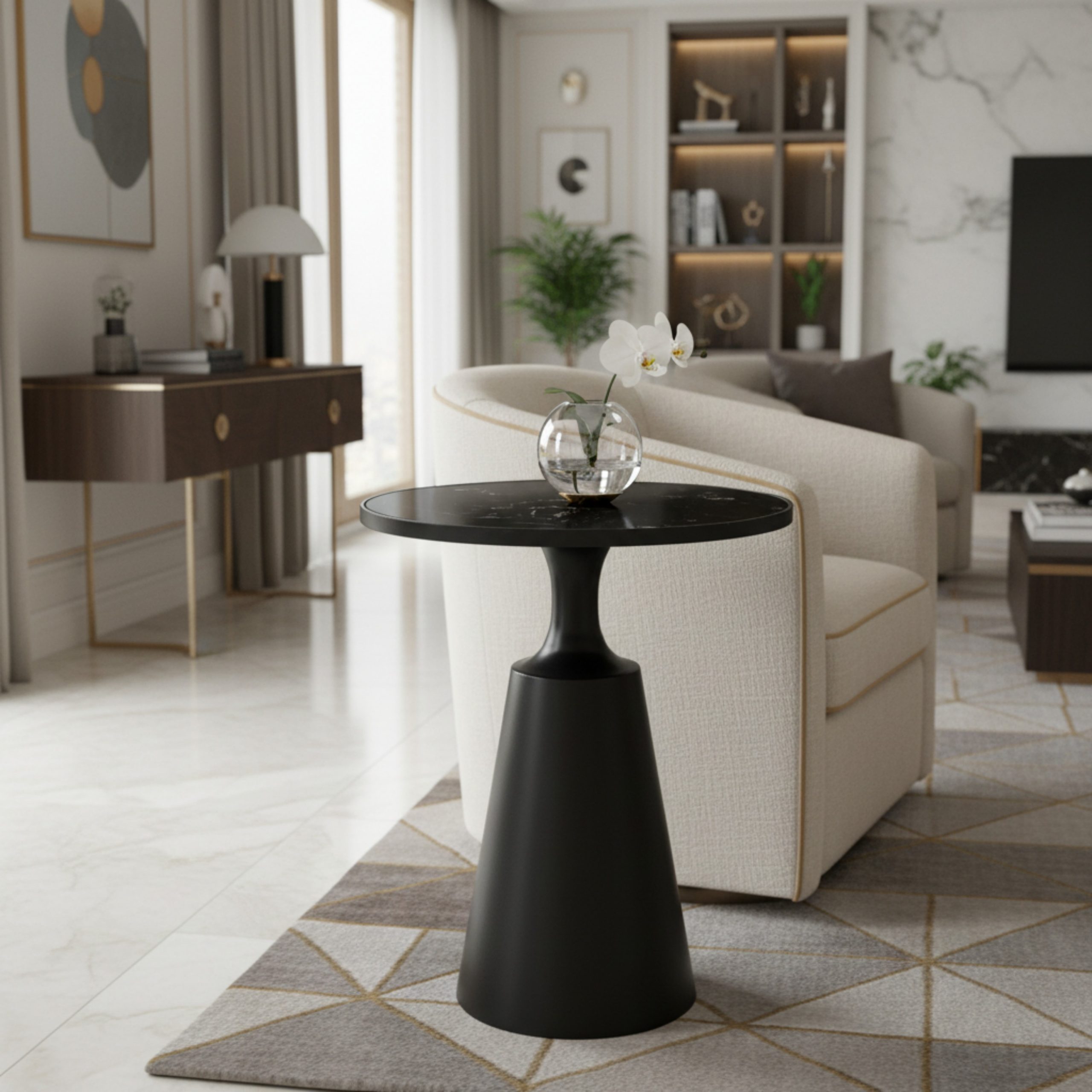 Modern Round Side Table with Marble Pattern Top and Black Iron Base, 20″ Diameter, 24.25″ H, 75 lbs Capacity – Assembly-Free Accent Table for Living Room, Bedroom, or Office