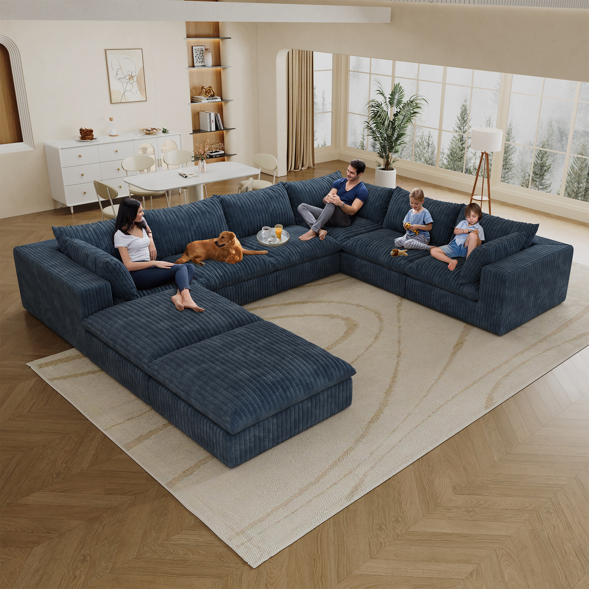 157.6″ Cloud Sofa,Corduroy Fabric,Deep Seat Couches,Double-layer design,Removable Cushion,No Assembly, DIY Combination for Living room, Bedroom,Conference room ,Apartment,BLUE