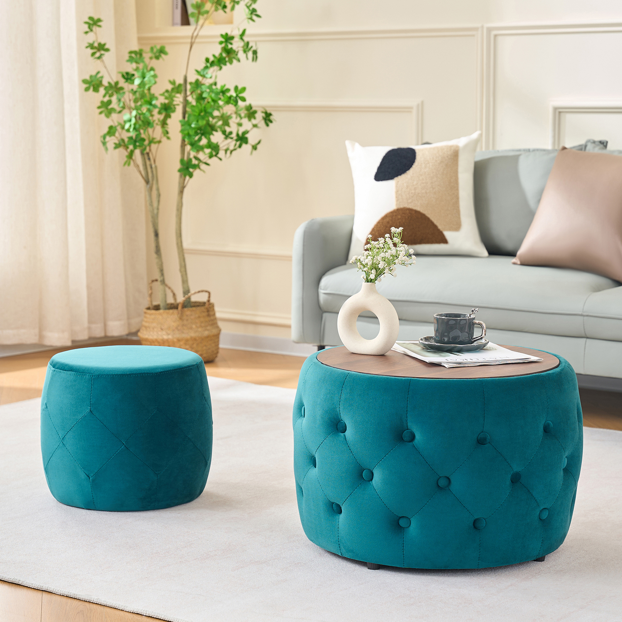 Luxurious Velvet Nesting Ottomans of 2, 4-in-1 Function, Round Storage Foot Stool with Wood Tray, No Assembly Needed, Blue (22.75″x22.75″x15″H)