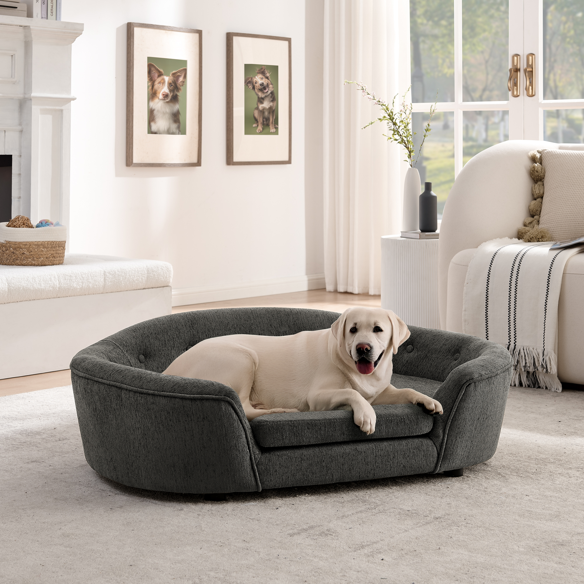 OVERSIZED Size Oval Semi-Enclosed Dog Sofa – Durable Linen Material, Button-Tufted Backrest, High-Center Low-Sides Support & Plush Comfort-Dark Gray
