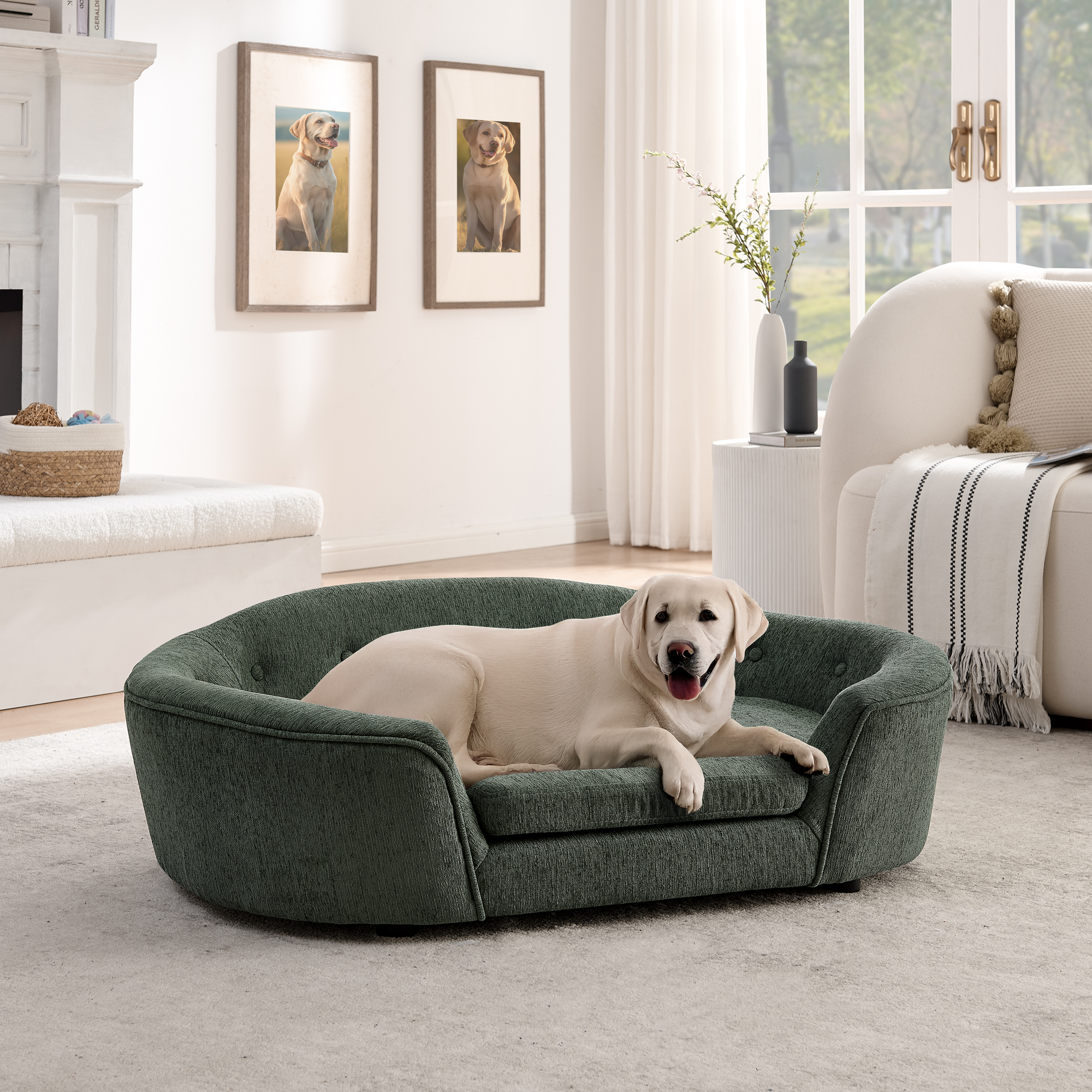 OVERSIZED Size Oval Semi-Enclosed Dog Sofa – Durable Linen Material, Button-Tufted Backrest, High-Center Low-Sides Support & Plush Comfort-Olive Green