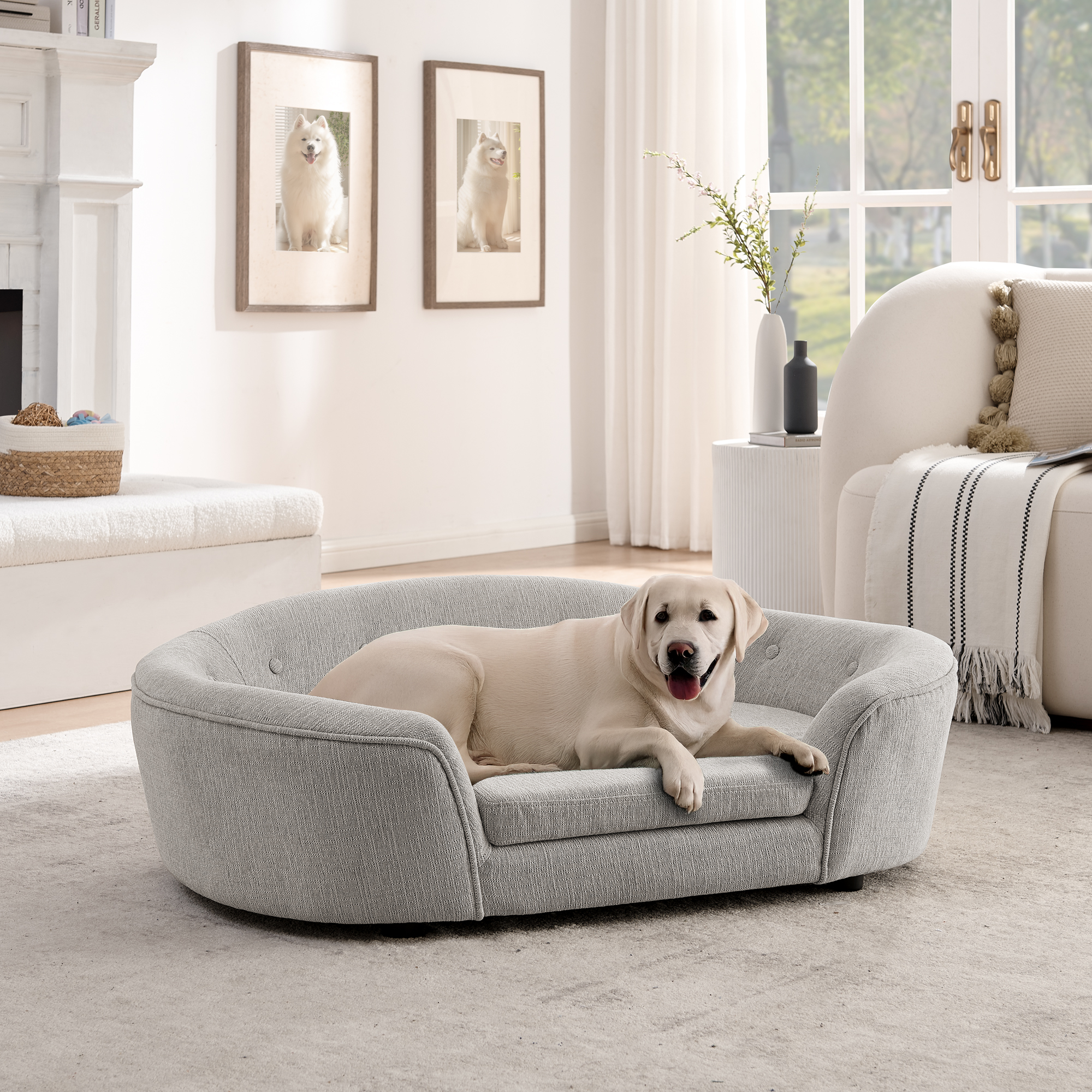 OVERSIZED Size Oval Semi-Enclosed Dog Sofa – Durable Linen Material, Button-Tufted Backrest, High-Center Low-Sides Support & Plush Comfort-Beige