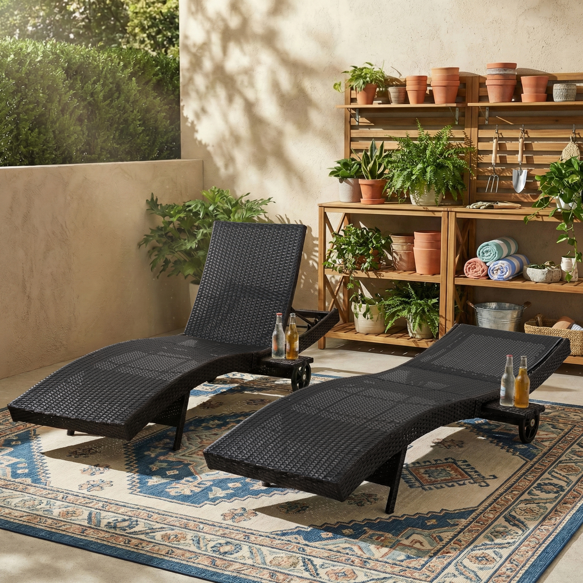 K&K 80″ Patio Wicker Chaise Lounge Chairs Set of 2, Outdoor Rattan Reclining Lounge Chair w/ Rolling Wheels & Pull-out Side Table, Adjustable Backrest, Ergonomic Wave Design for Poolside,Black & Brown