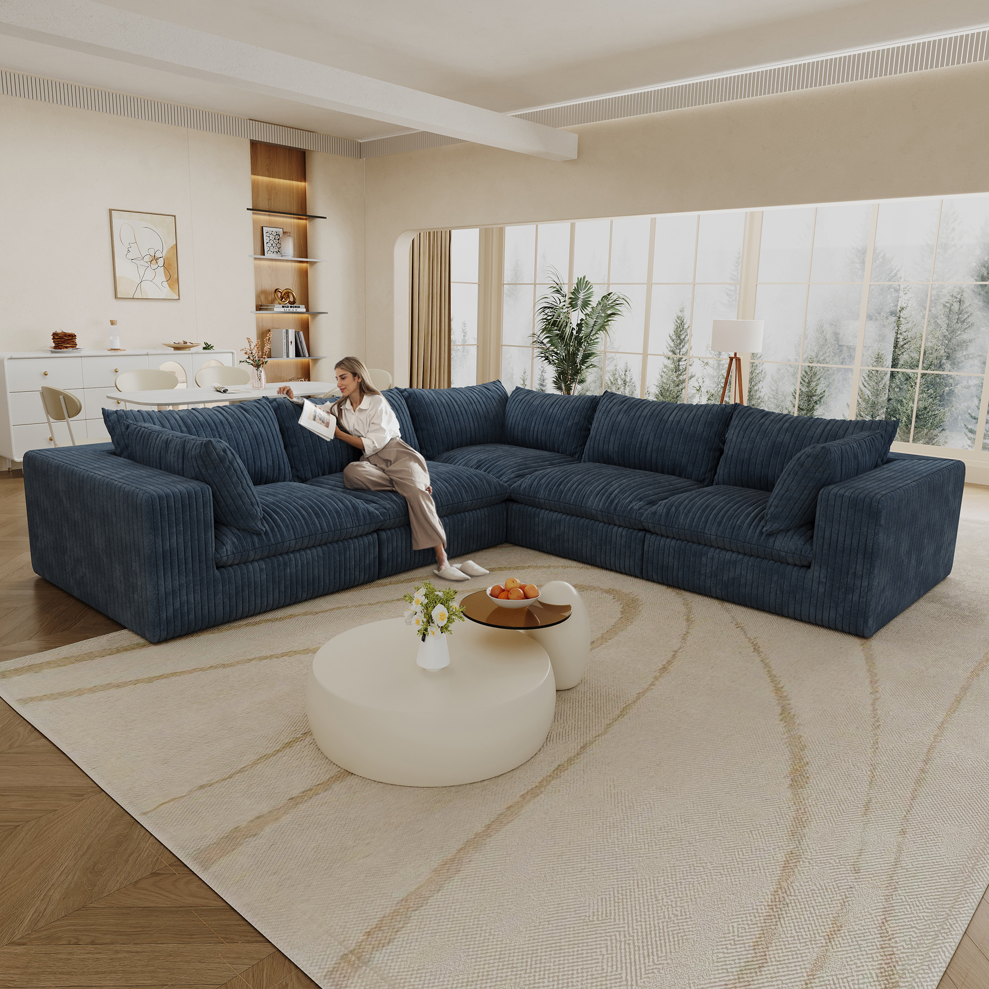 118.2″ Cloud Sofa,Corduroy Fabric,Deep Seat Couches,Double-layer design,Removable Cushion,No Assembly, DIY Combination for Living room, Bedroom,Conference room ,Apartment,Blue