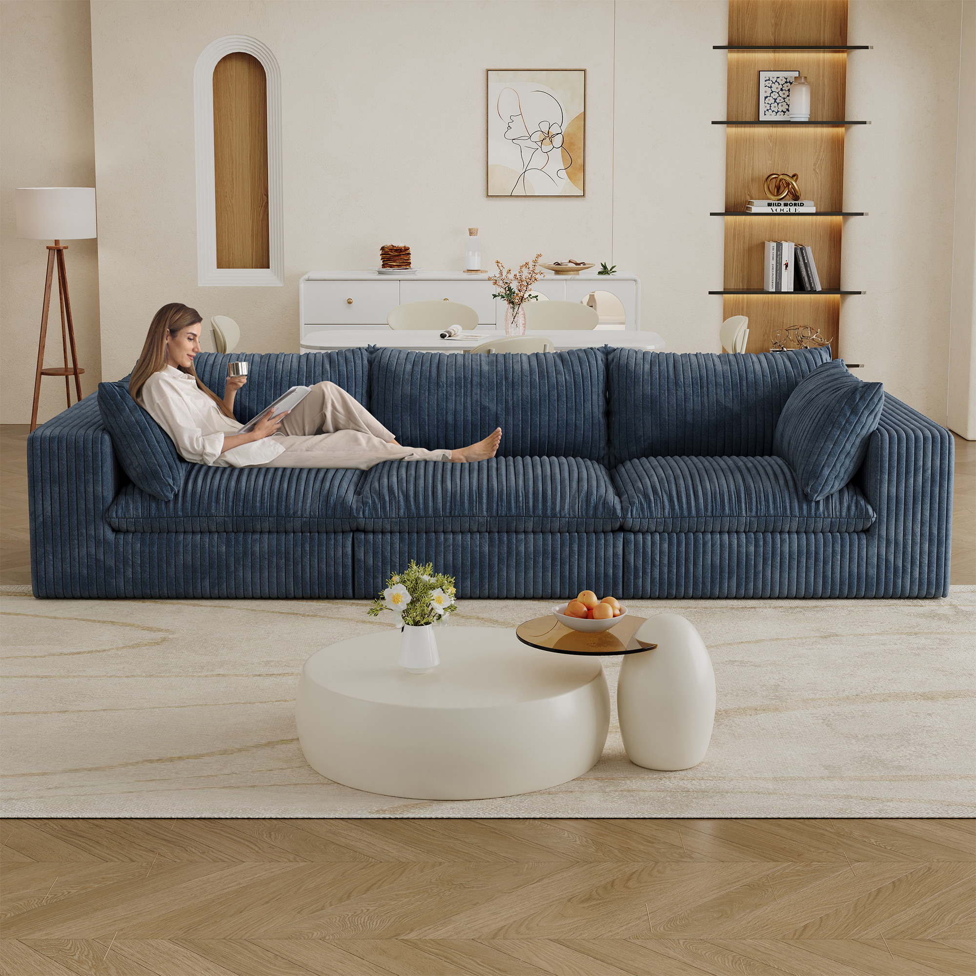 118.2″ Cloud Sofa,Corduroy Fabric,Deep Seat Couches,Double-layer design,Removable Cushion,No Assembly, DIY Combination for Living room, Bedroom,Conference room ,Apartment,Blue