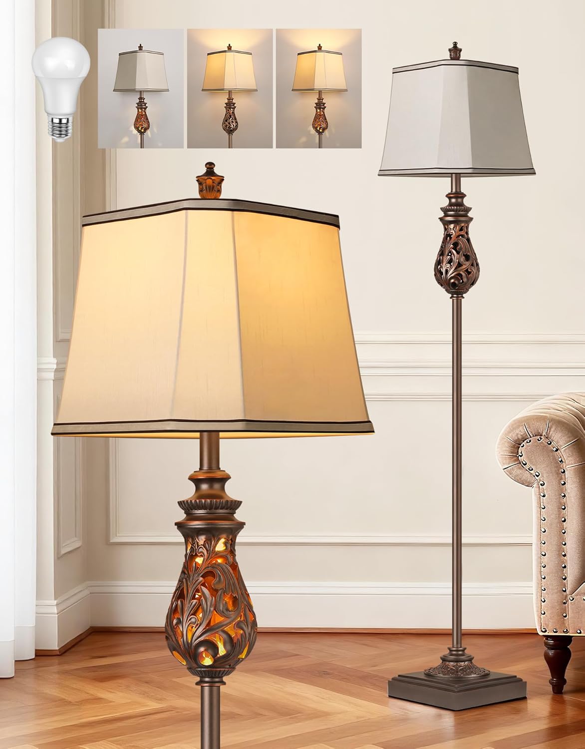 64” Vintage Floor Lamp with Nightlight, Rustic Farmhouse Tall Standing Lamp with Rotary Switch and Beige Faux Silk Shade for Living Room, Corner, Bedroom, House Decor, Brown (Bulb Included)
